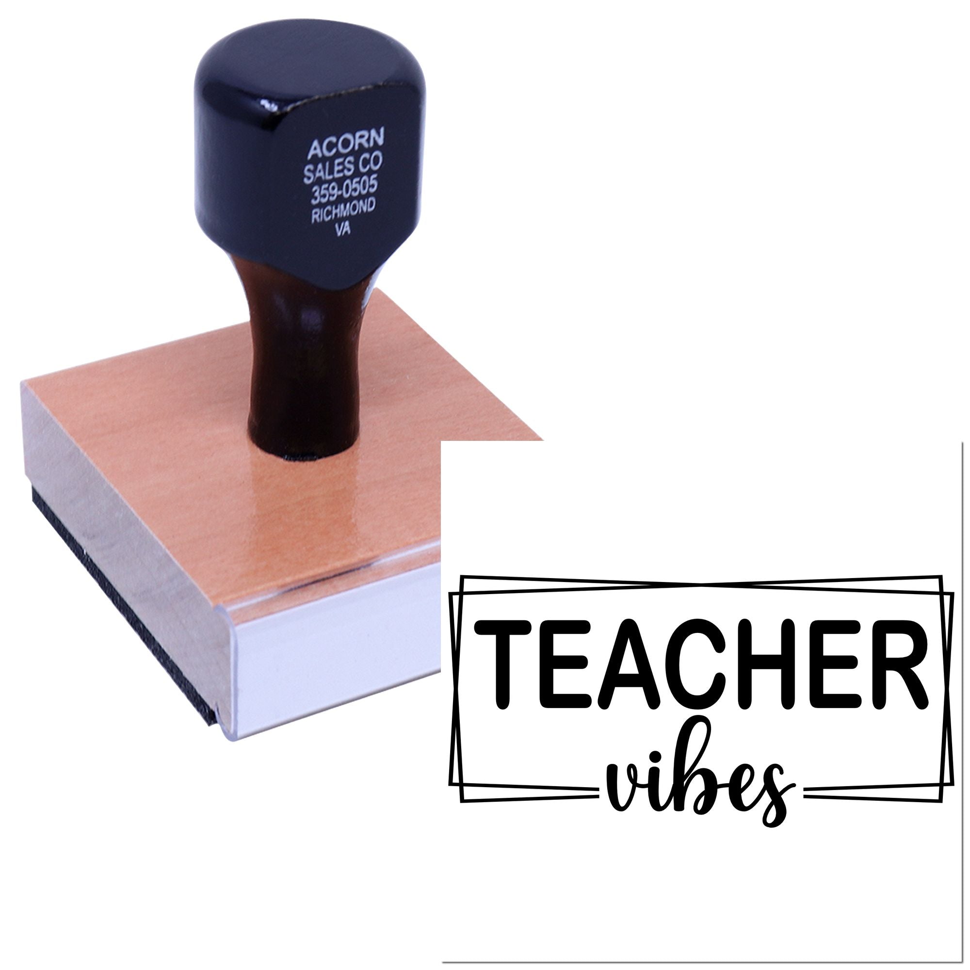 Teacher Vibes rubber stamp with mounted handle for classroom crafts, lesson planning, and teacher gifts.