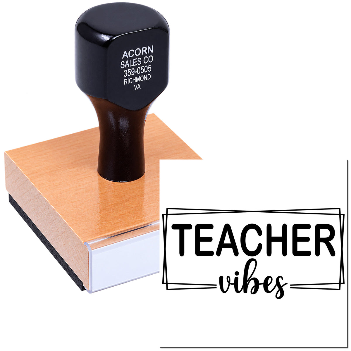 Teacher Vibes rubber stamp with mounted handle for classroom crafts, lesson planning, and teacher gifts.