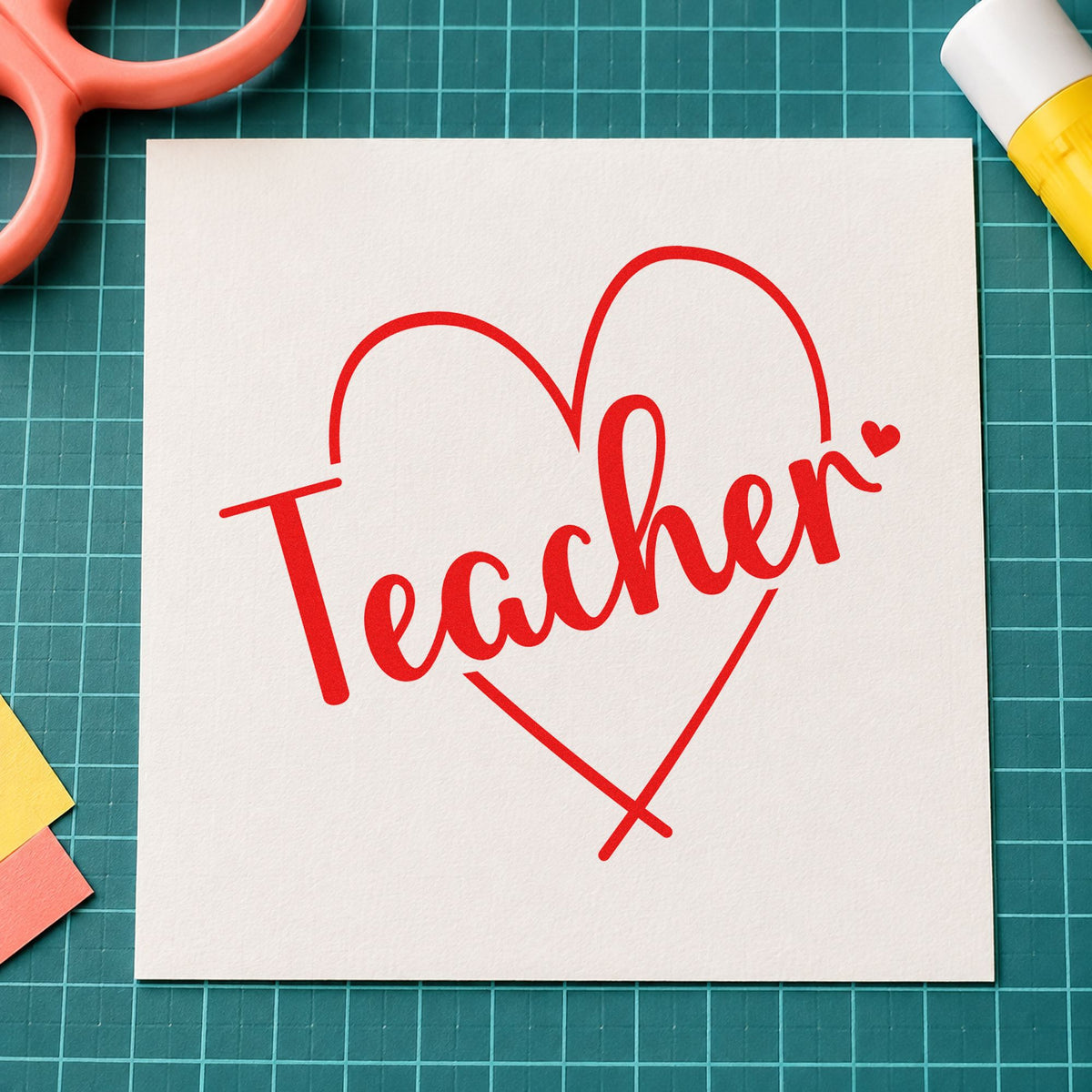 Teacher Heart Outline rubber stamp shown in red ink, stamped for projects such as kindness week notes.