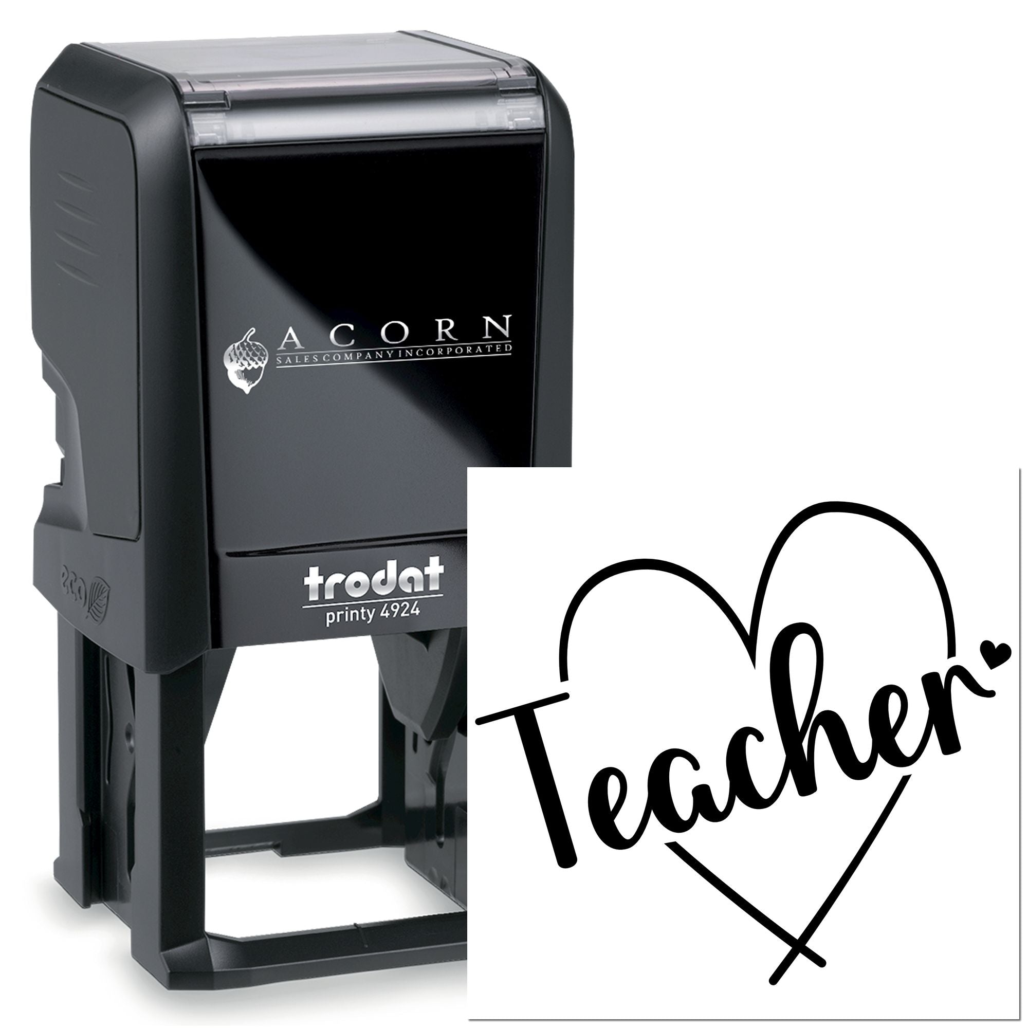 Trodat Printy 4924 self-inking rubber stamp with Teacher heart design, ideal for classroom marking and teacher gifts.