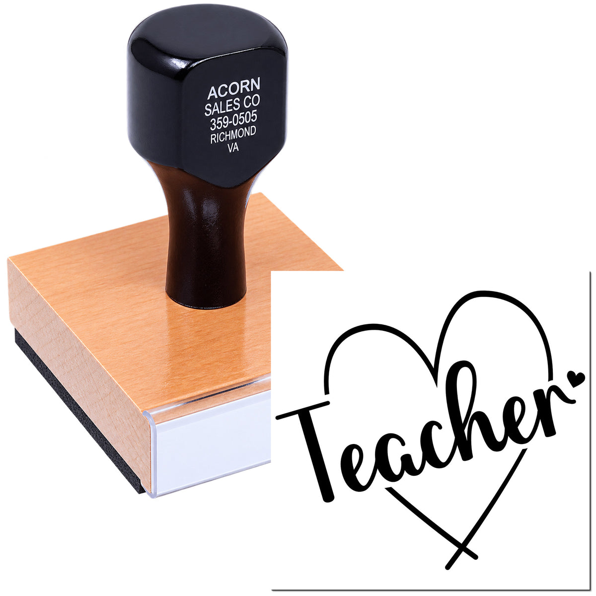 Mounted teacher rubber stamp with heart design for classroom notes, rewards, and school craft projects.