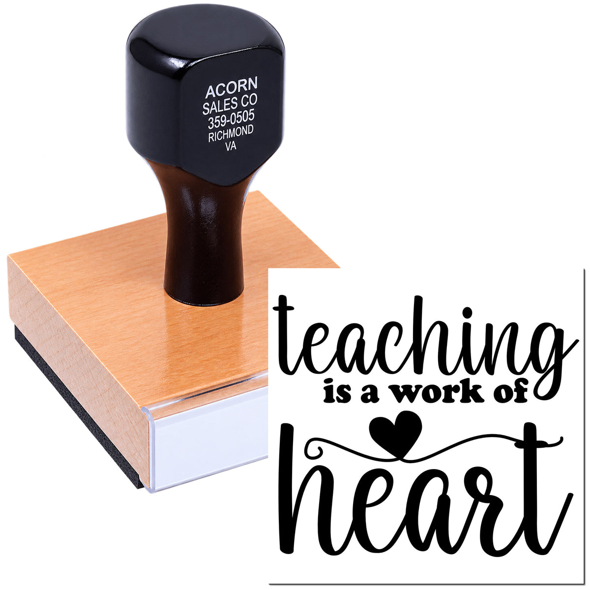 Custom rubber stamp with Teaching Is a Work of Heart design for teacher appreciation cards and classroom crafts.