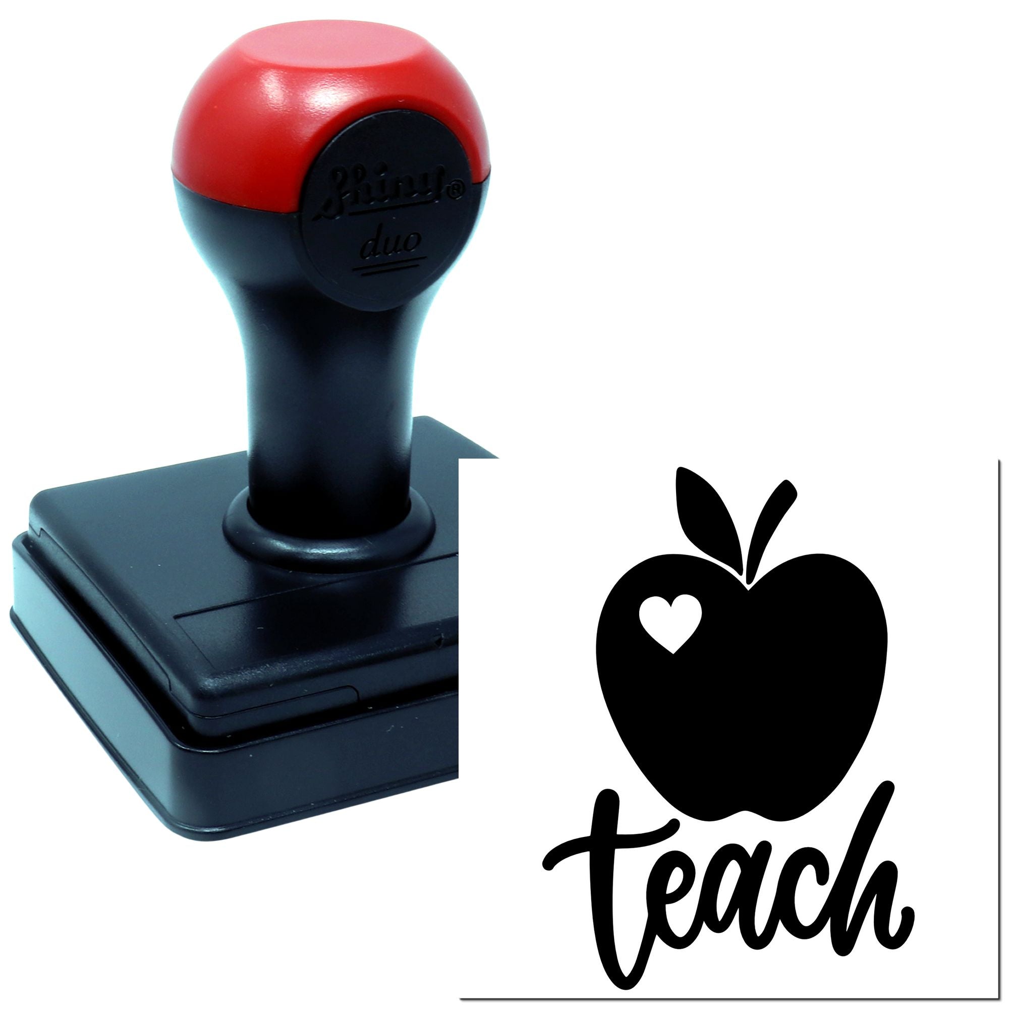 Self-inking teacher rubber stamp with apple and heart design for classroom use, grading, and lesson materials.