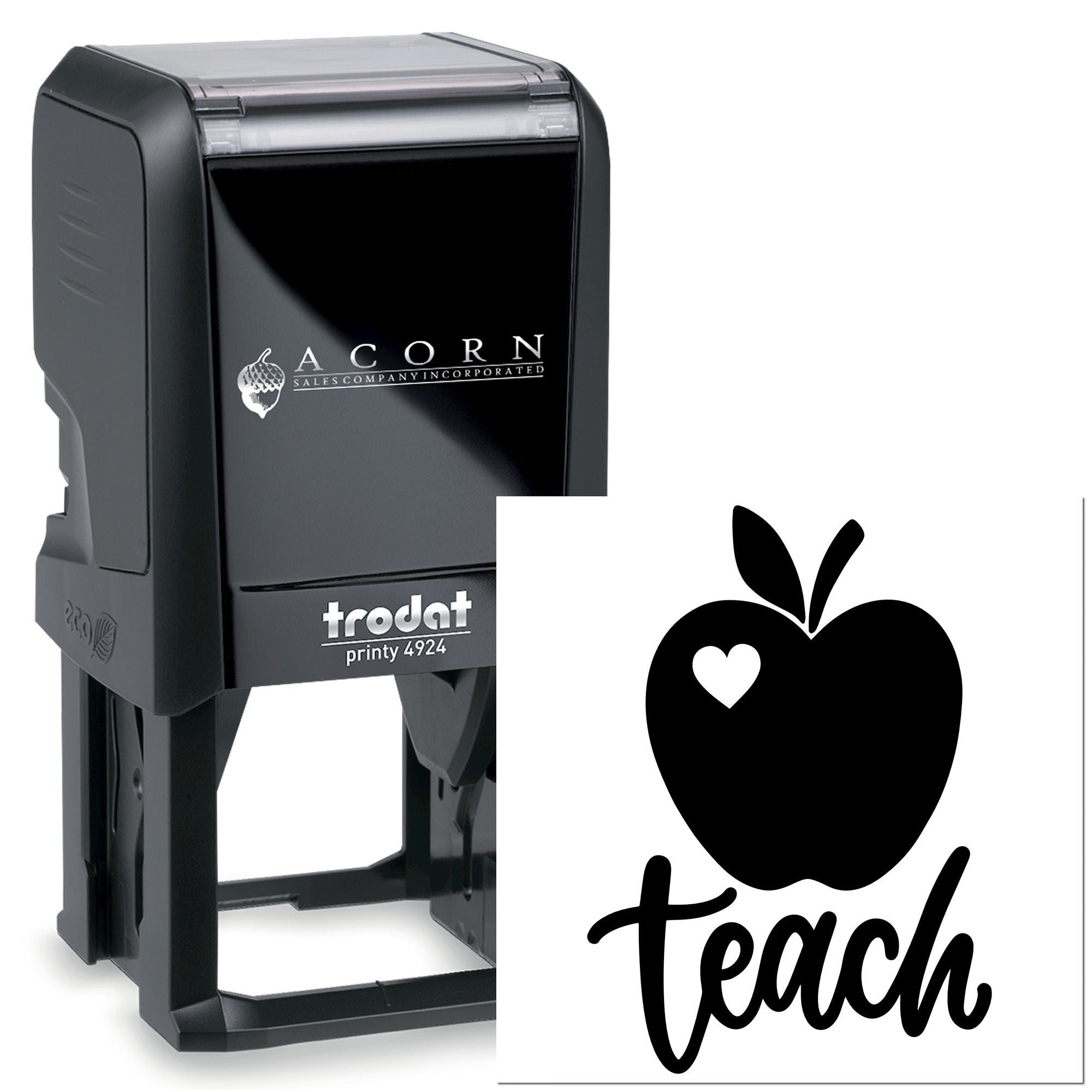 Custom self-inking rubber stamp with apple and Teach teacher logo for classroom marking.