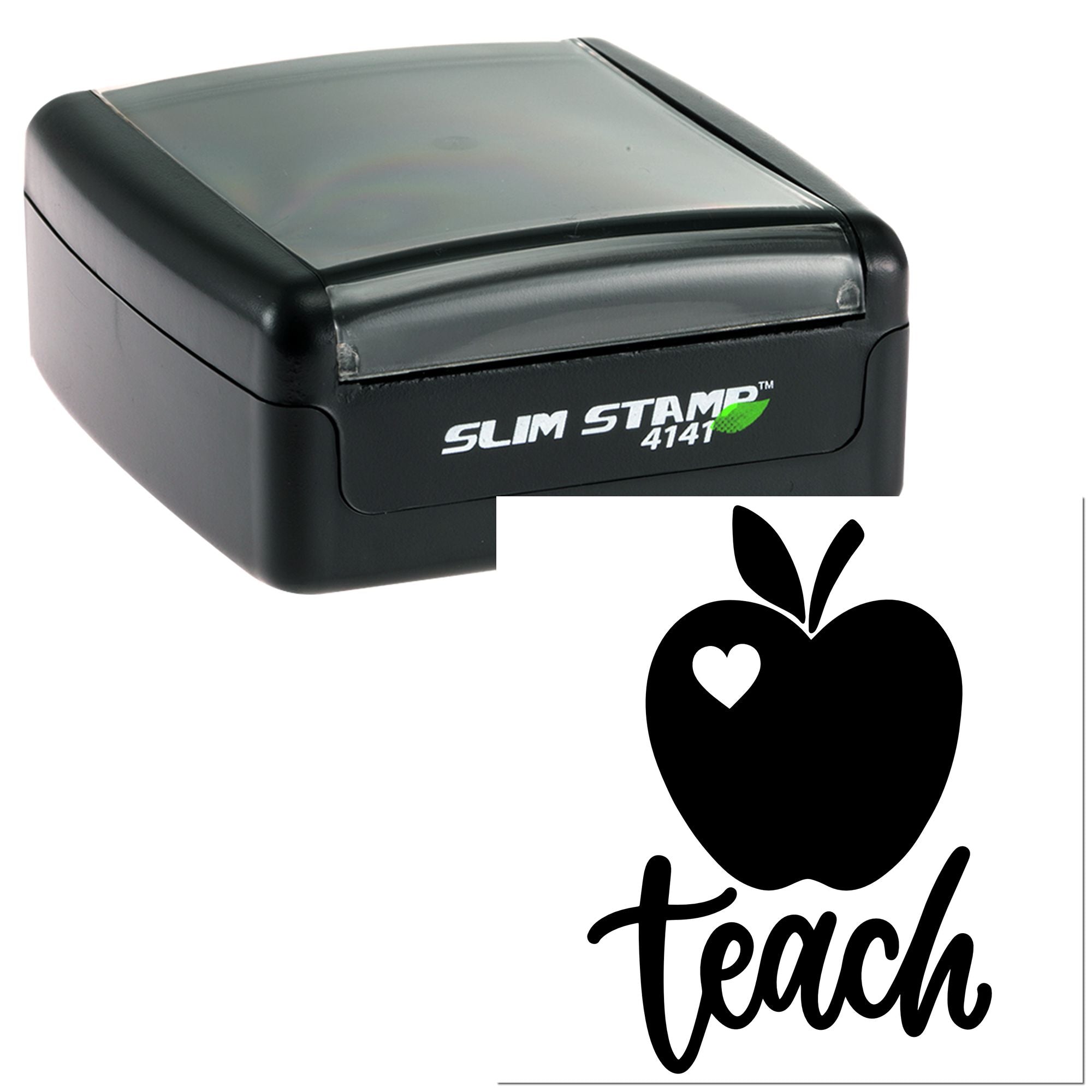 Custom self-inking Slim Stamp 4141 with apple and Teach design for teacher supplies, classroom marking, and education branding.