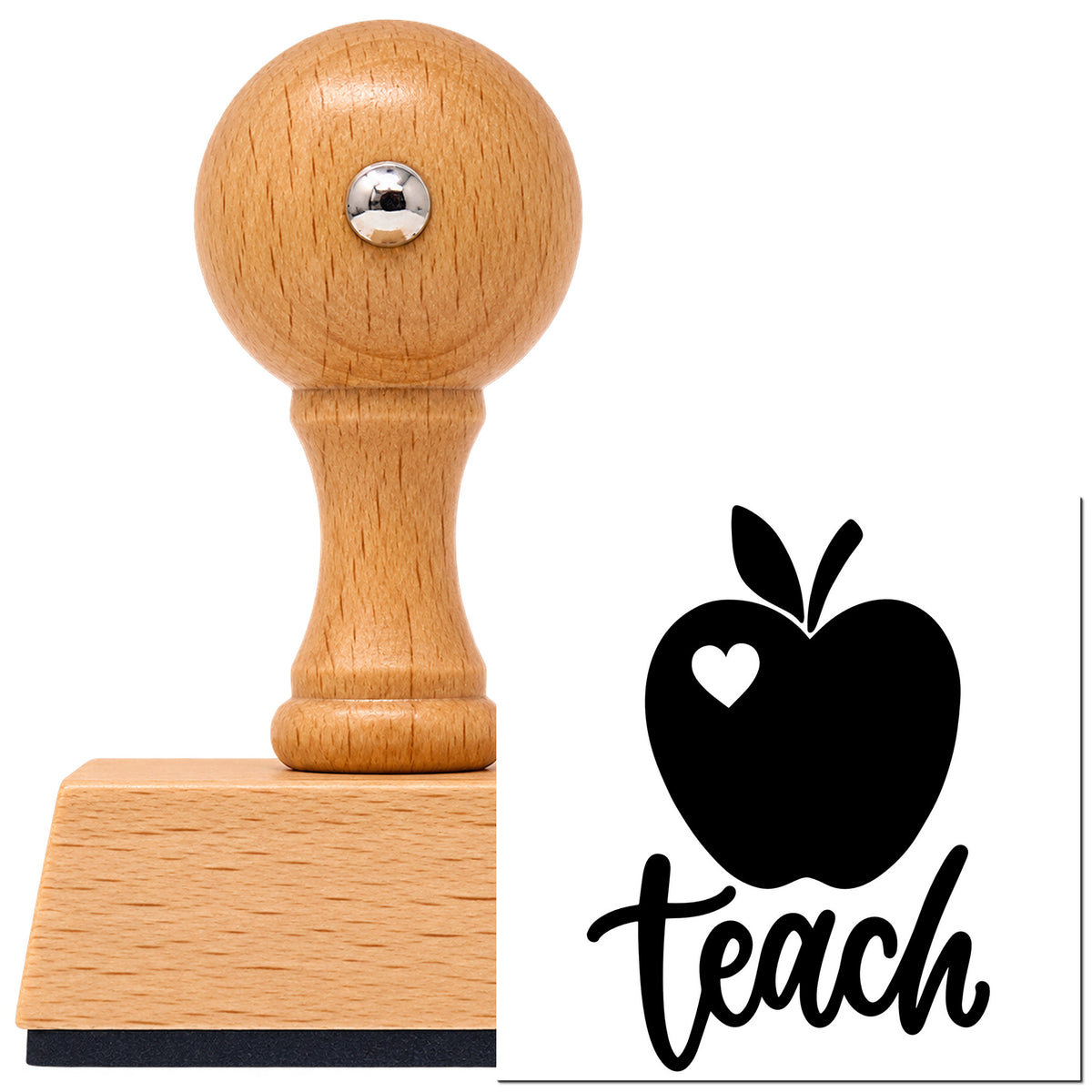 Teach Apple Heart Vintage Pro rubber stamp in European beech wood with a round knob handle, shown beside its black imprint.