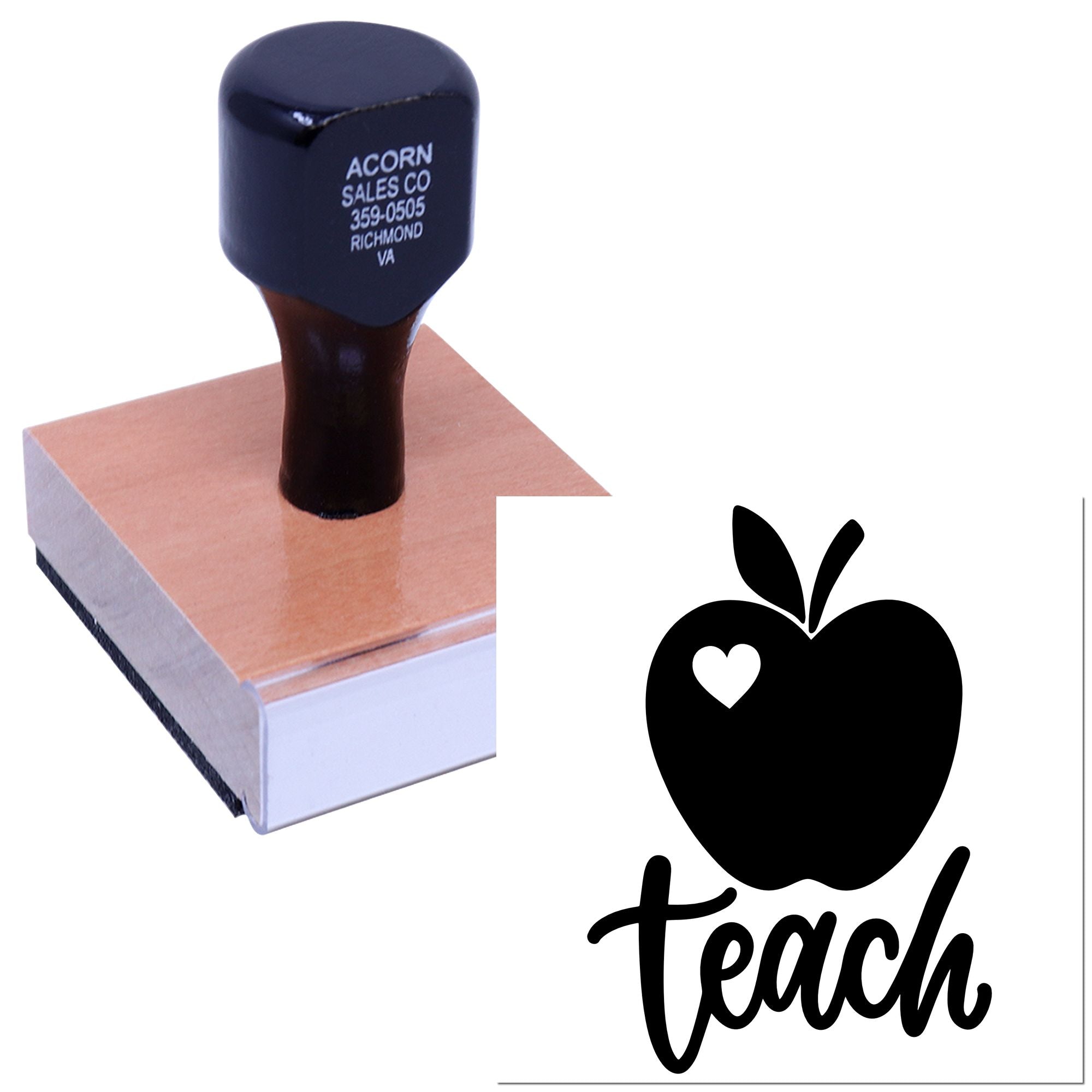 Custom teacher rubber stamp featuring apple and heart design for classroom grading, crafts, and educational use.