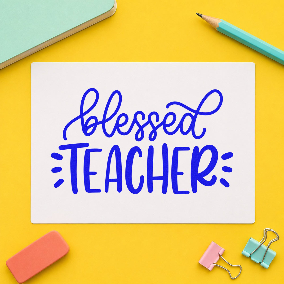 Blessed Teacher craft stamp in blue ink on cardstock, an easy option for choir robe panels.