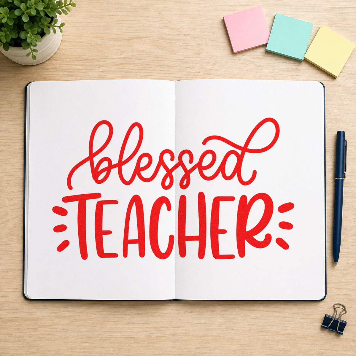 Blessed Teacher rubber stamp shown in red ink, stamped for projects such as calling year notes.