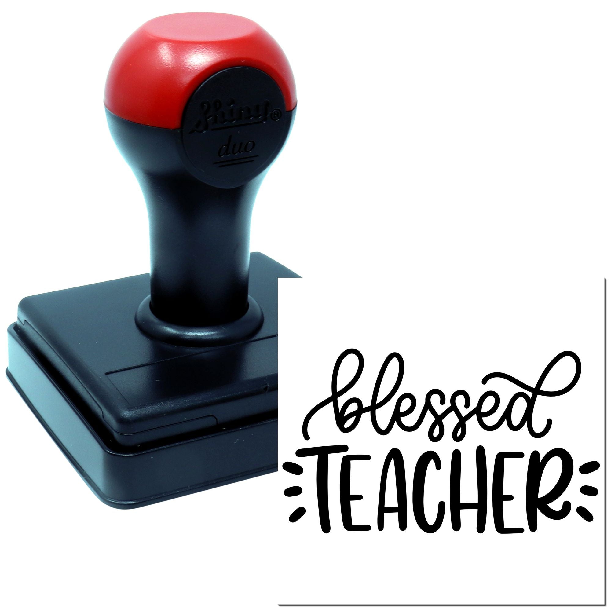 Custom self-inking rubber stamp with Blessed Teacher design, ideal for classroom rewards and teacher gifts.
