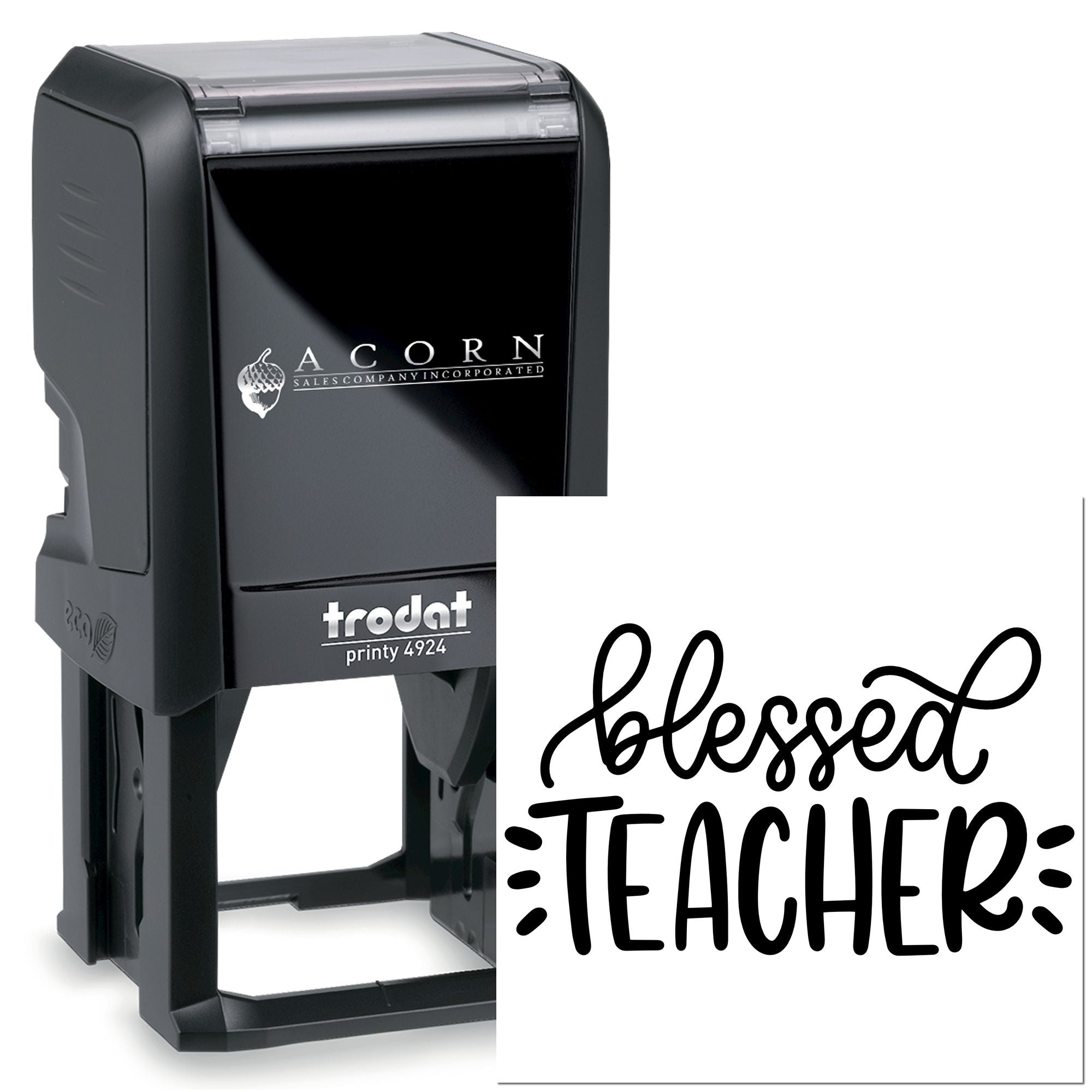 Trodat self-inking rubber stamp with personalized Blessed Teacher design for classroom use and custom labeling.