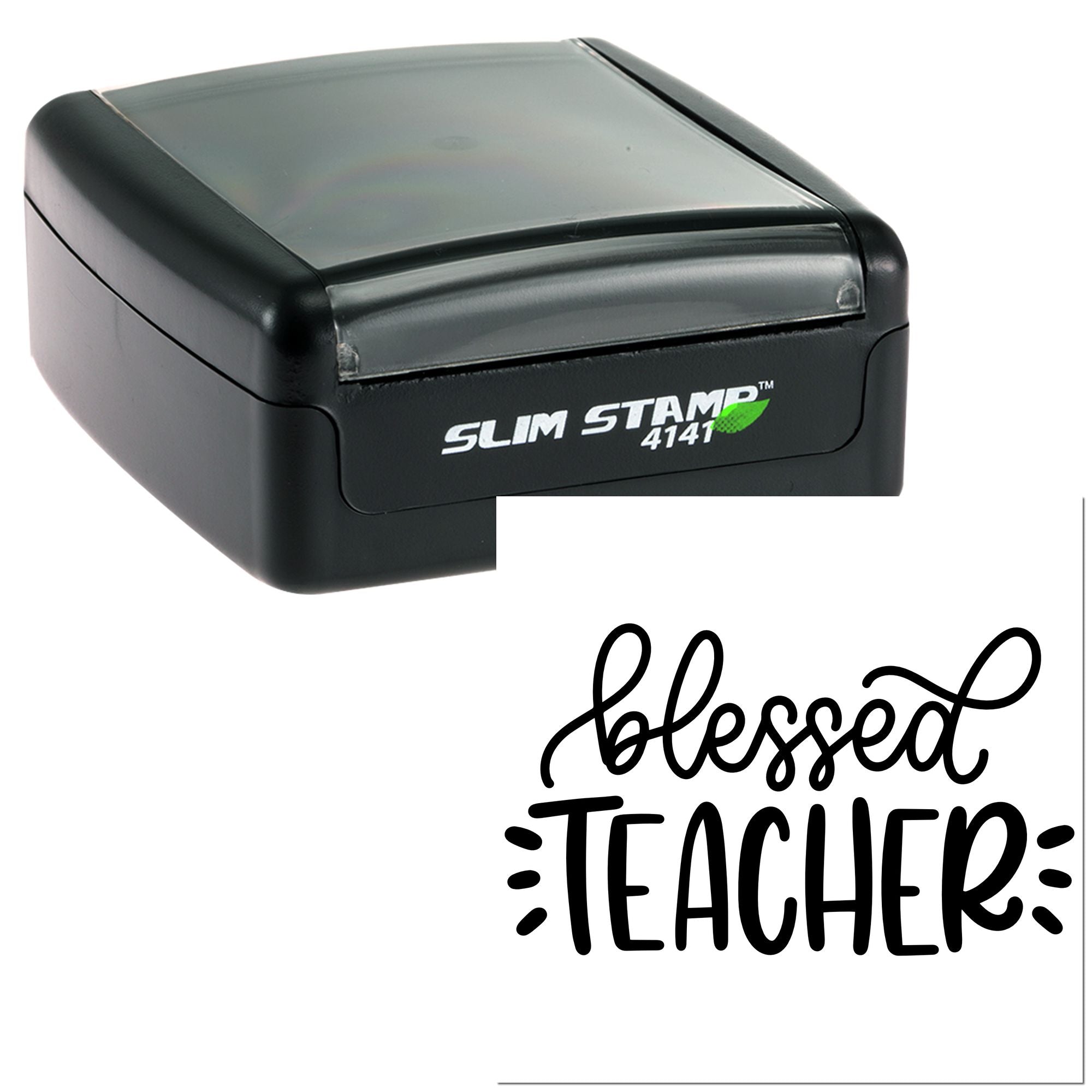 Slim Stamp 4141 self-inking rubber stamp with Blessed Teacher design for classroom grading and teacher gifts.