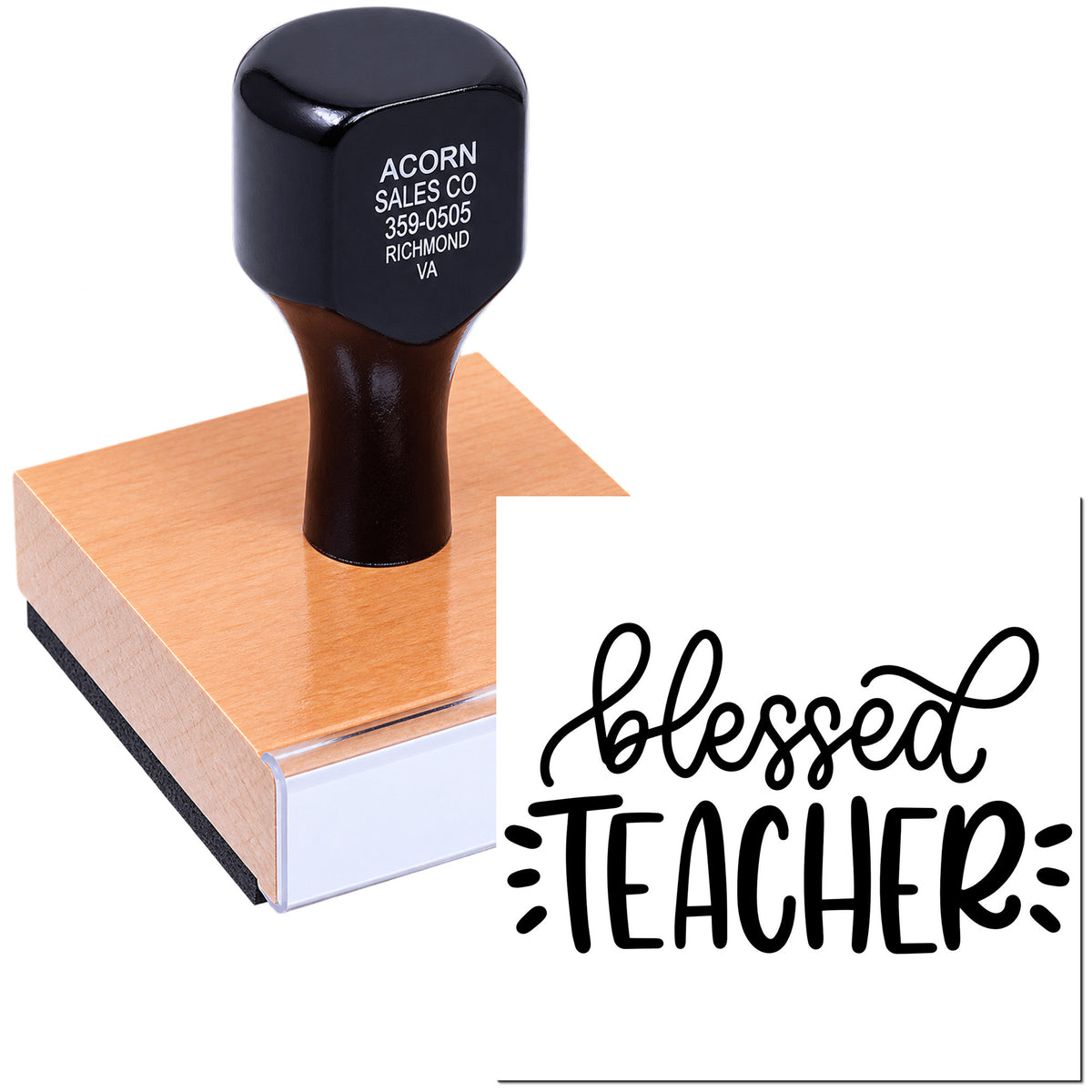 Custom Blessed Teacher rubber stamp for classroom use, teacher gifts, thank-you notes, and faith-based school supplies.