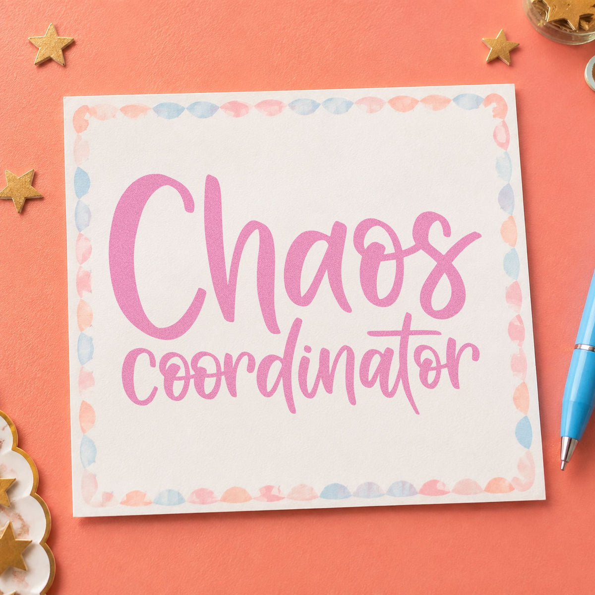 Chaos Coordinator craft stamp in purple ink on cardstock, an easy option for field trip tags.