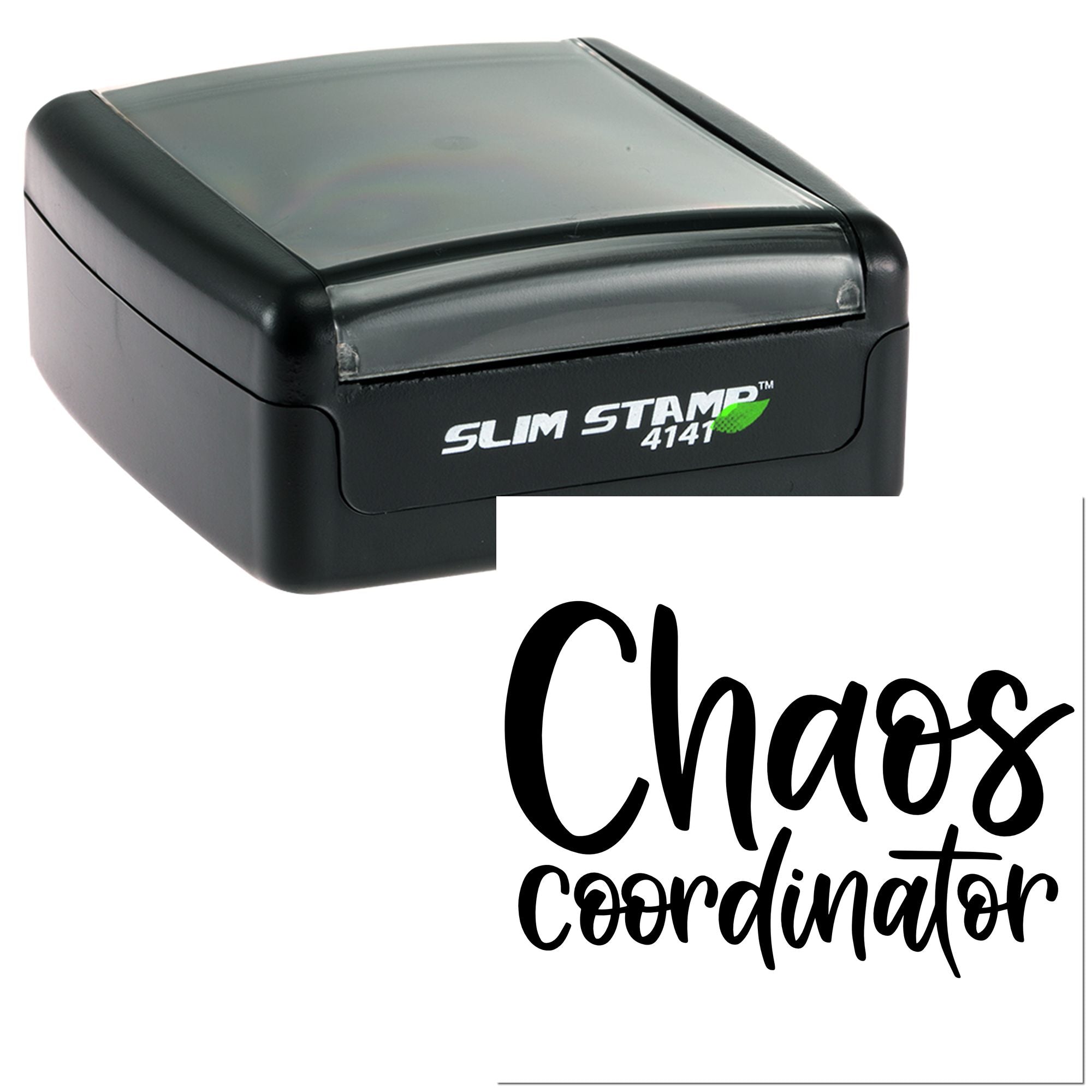 Self-inking rubber stamp with Chaos Coordinator text, ideal for custom office, teacher, and planner stamping.