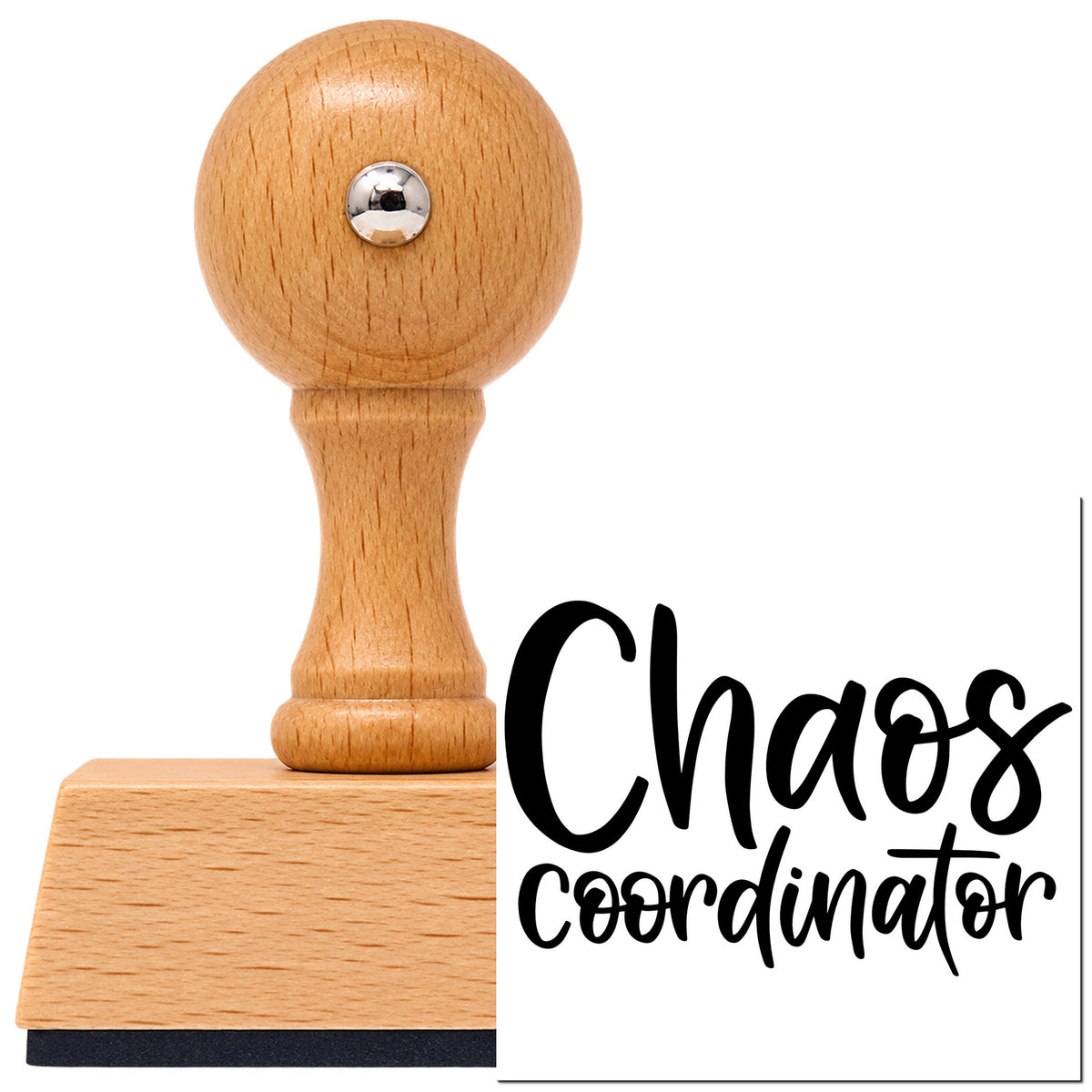 Chaos Coordinator Vintage Pro rubber stamp in European beech wood with a round knob handle, shown beside its black imprint.