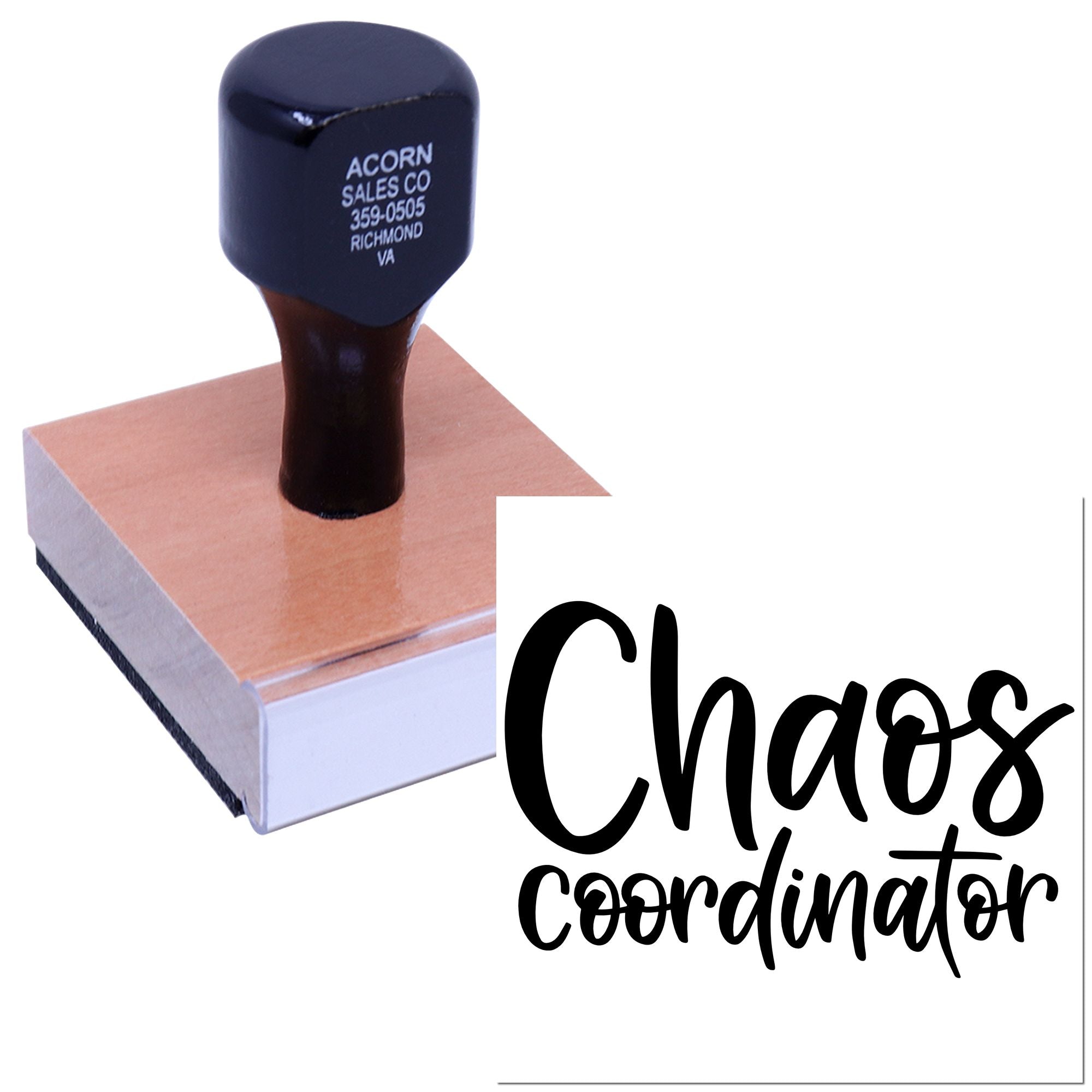 Custom rubber stamp reading Chaos Coordinator for personalized office use, crafts, and business branding.