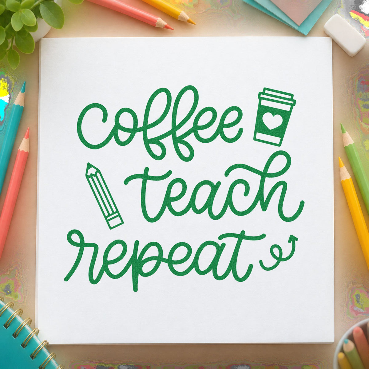 Coffee Teach Repeat craft stamp imprint in green ink on a handmade project, one idea being framed kitchen loop.