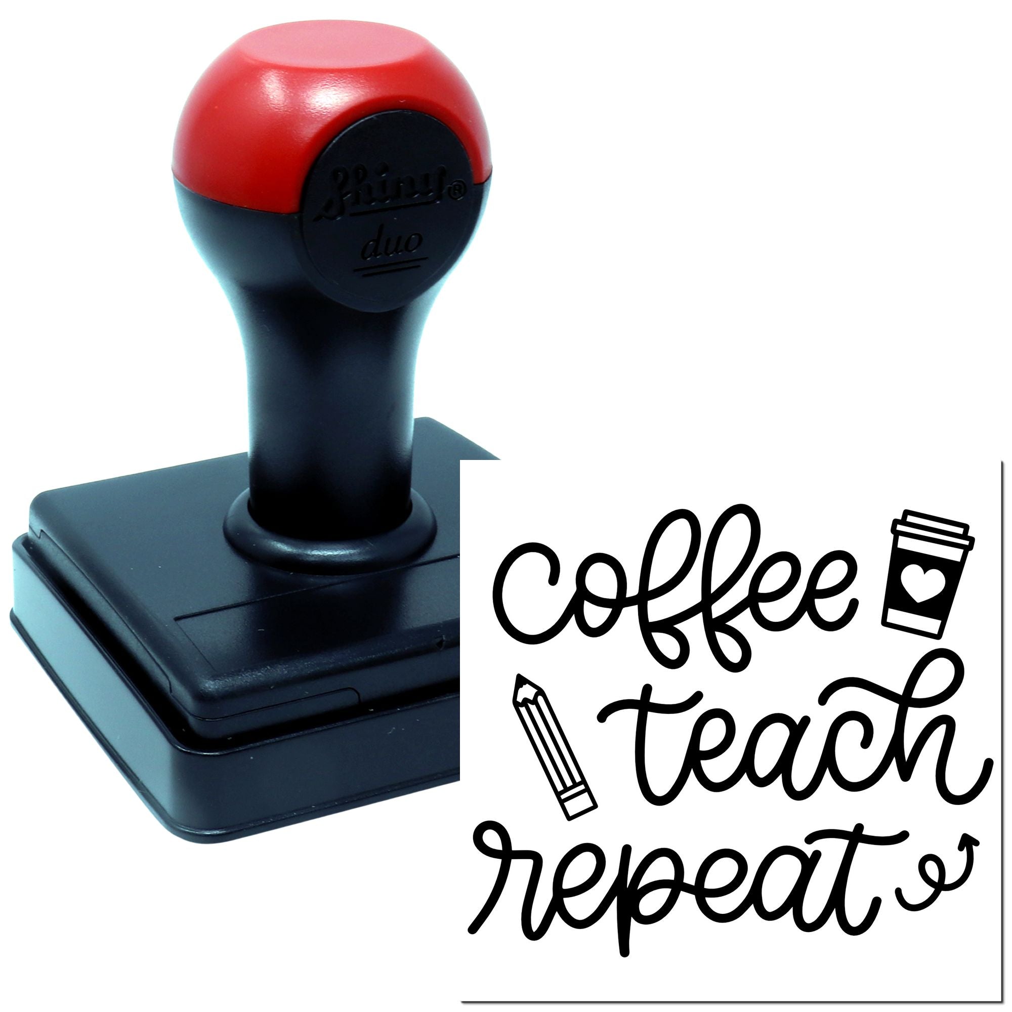 Custom teacher rubber stamp with coffee teach repeat design, featuring coffee cup and pencil icons.