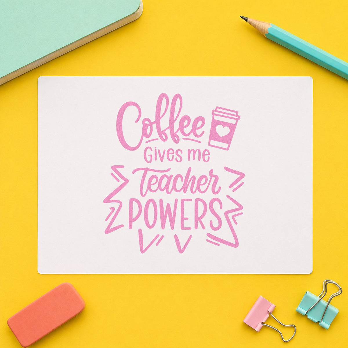 Coffee Gives Teacher Powers craft stamp in purple ink on cardstock, an easy option for comic day tags.