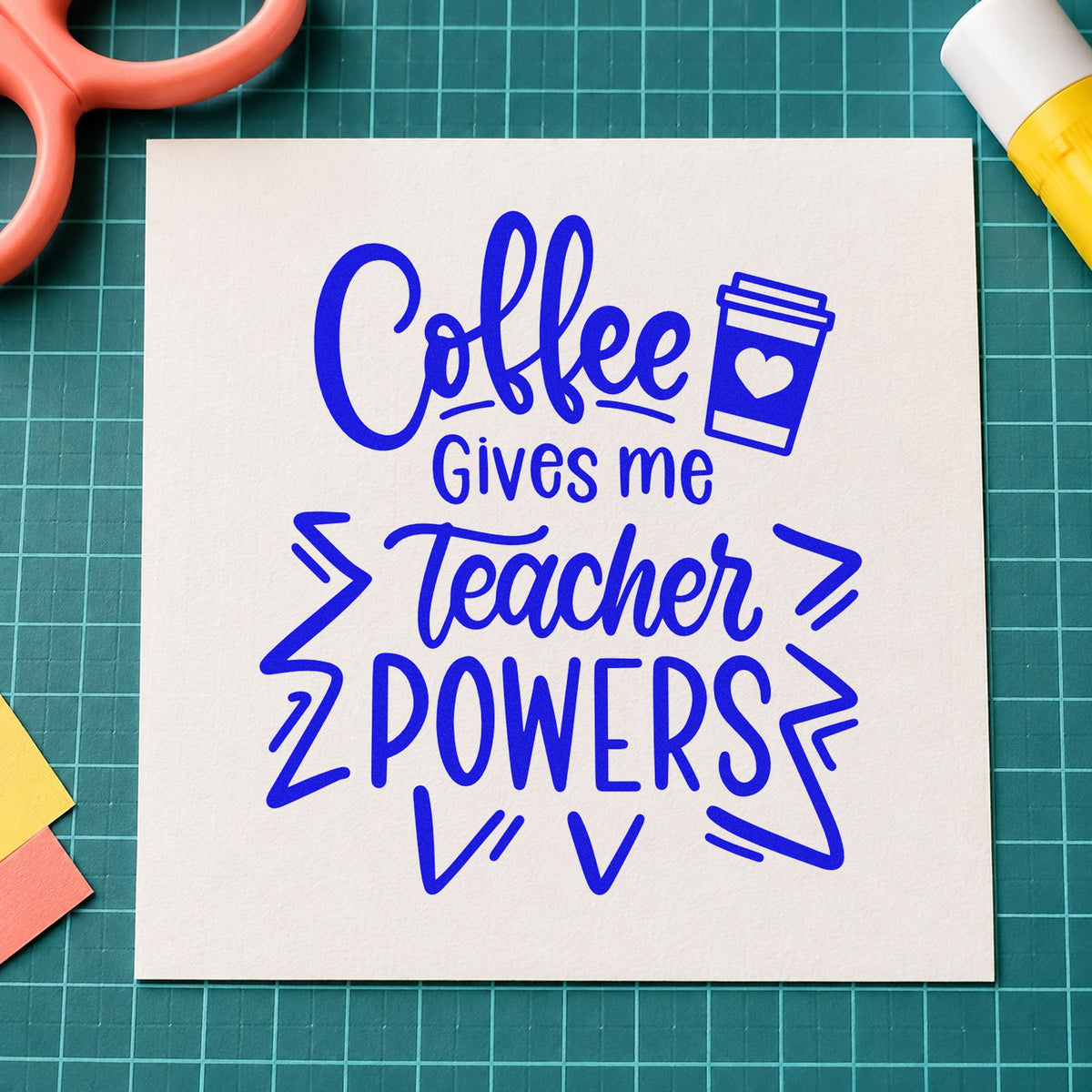 Coffee Gives Teacher Powers craft stamp imprinted in blue ink on paper, a design suited to energy drink labels.