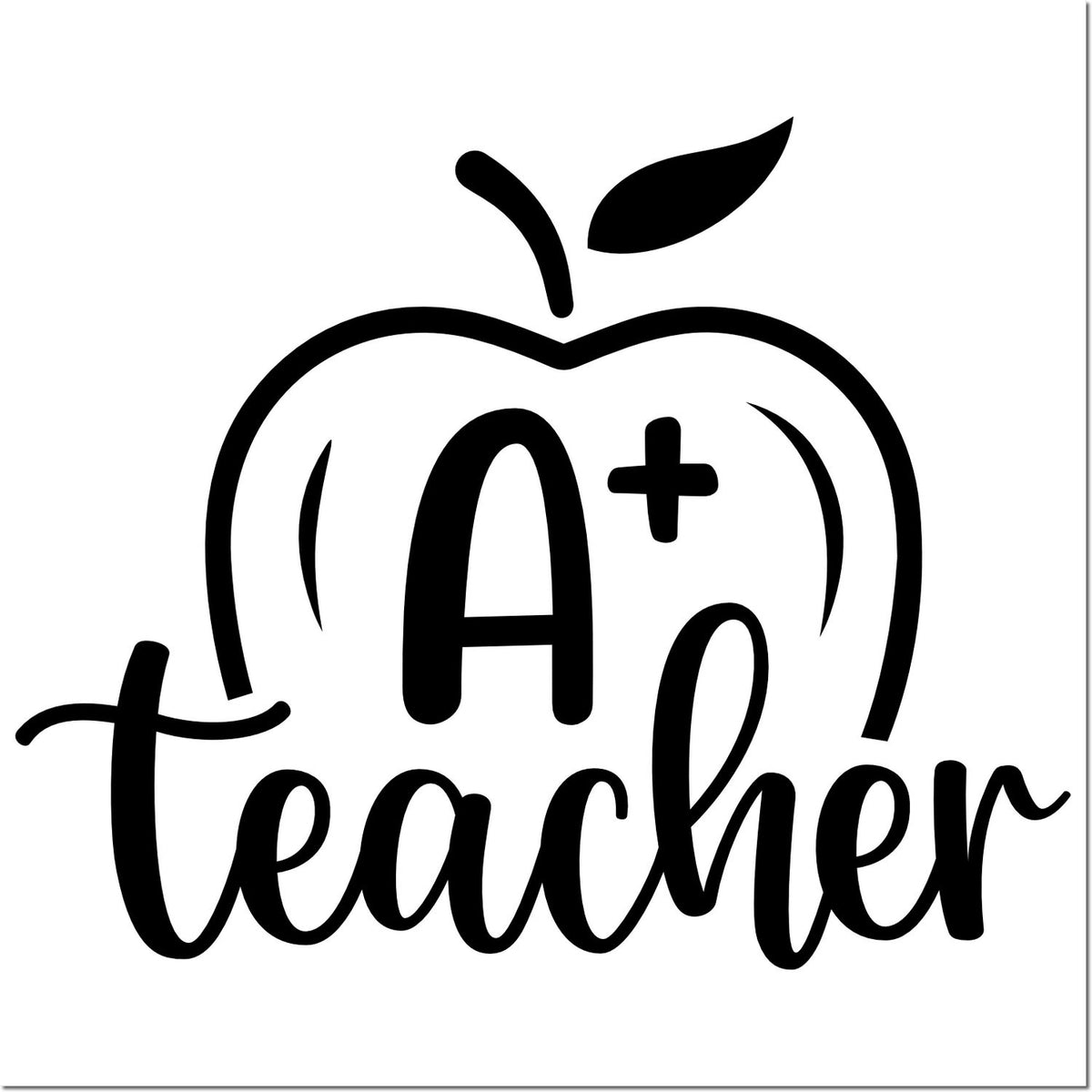 A+ Teacher apple rubber stamp design for educators, featuring a classroom apple icon and handwritten script text.