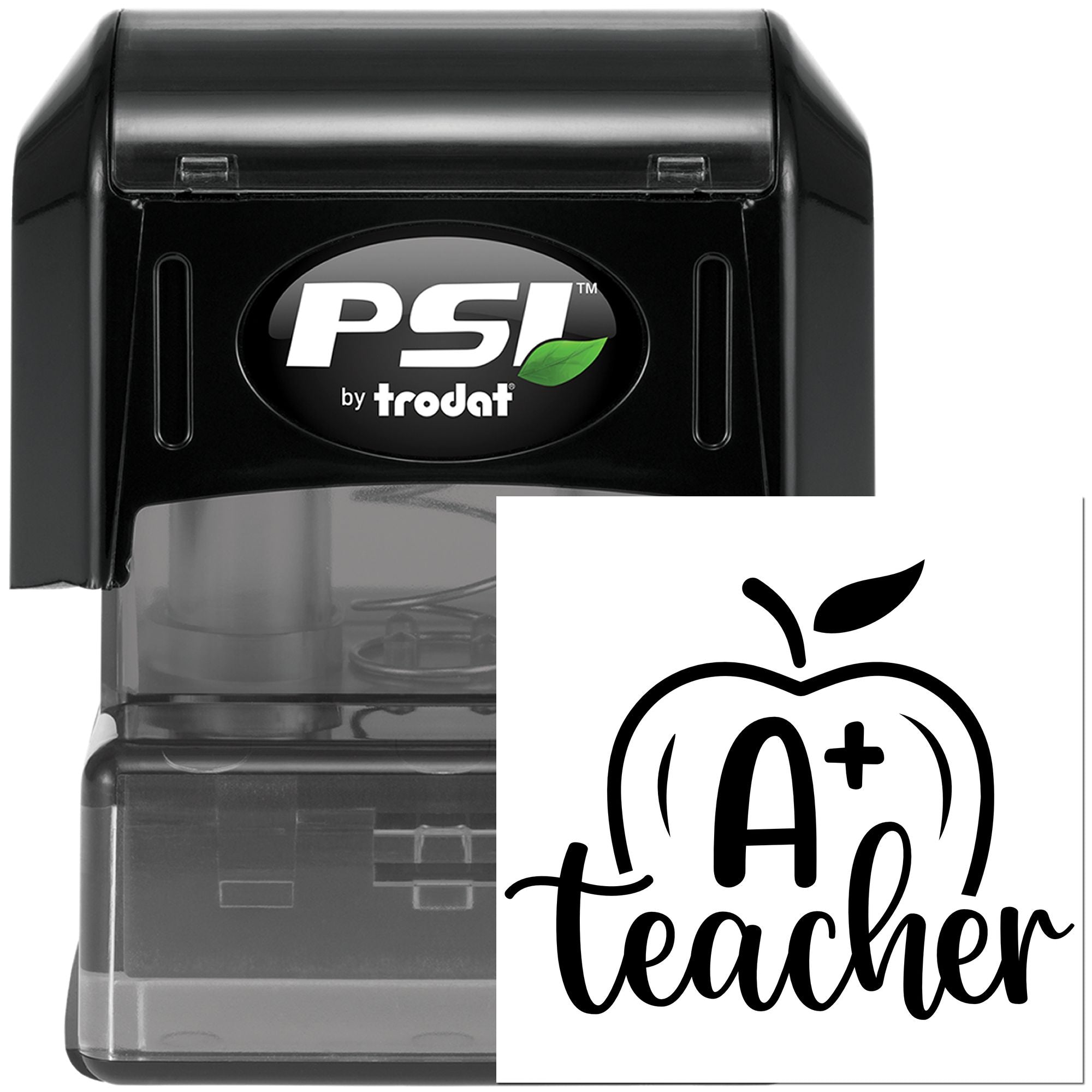 PSI by Trodat self-inking custom rubber stamp with A+ teacher apple design for grading papers