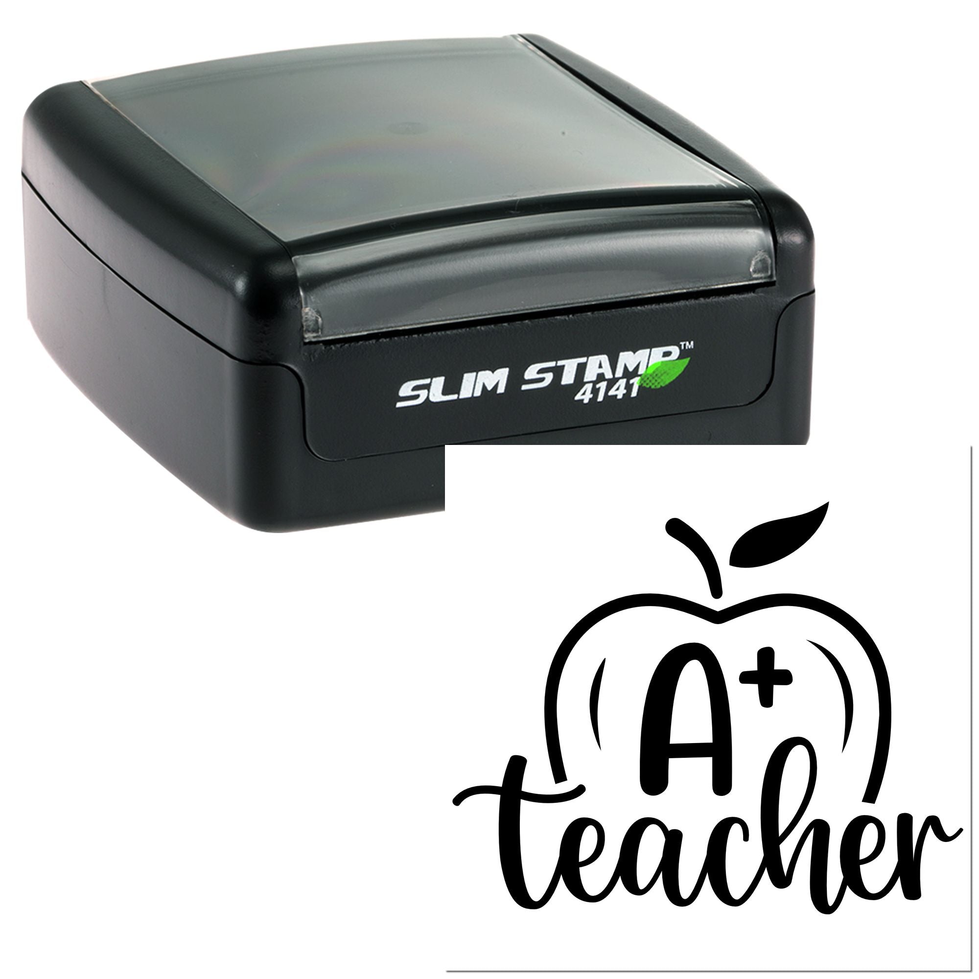 Slim Stamp 4141 self-inking rubber stamp with A+ teacher apple design for classroom grading and rewards.