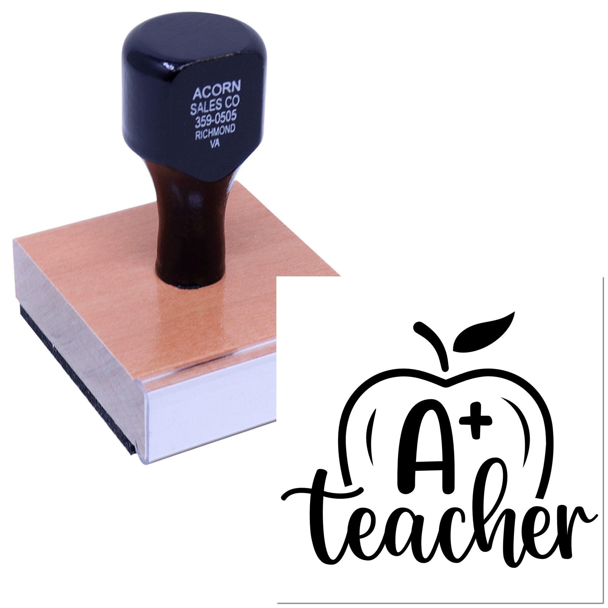 Custom teacher rubber stamp with apple logo, ideal for classroom grading, rewards, and personalized educator branding.