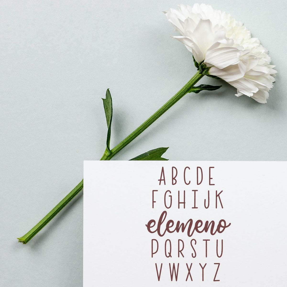 Alphabet Elemeno rubber stamp shown in brown ink, stamped for projects such as letter sound tags.