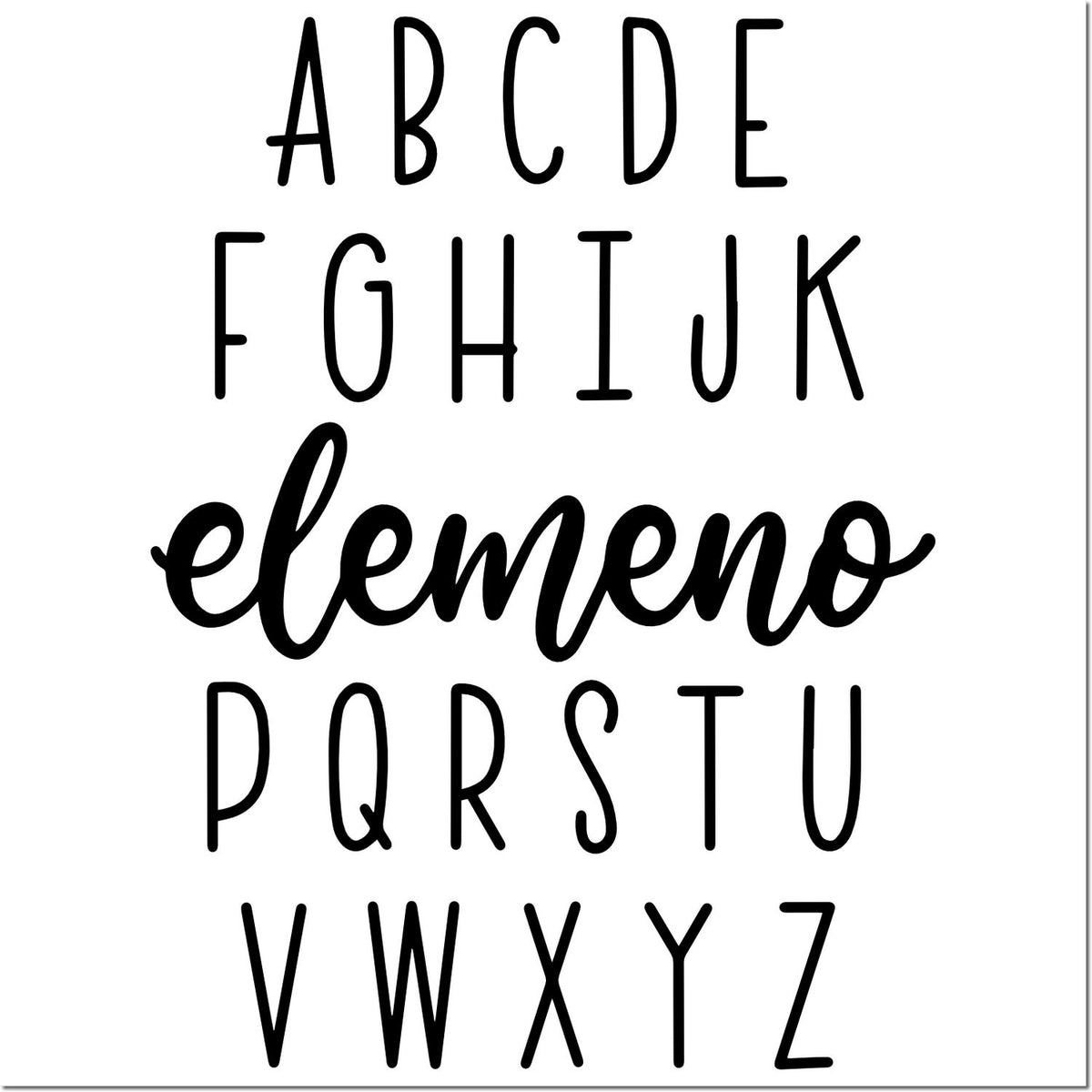 Mixed-font alphabet rubber stamp set with A-Z letters in script and sans serif styles on a white background.