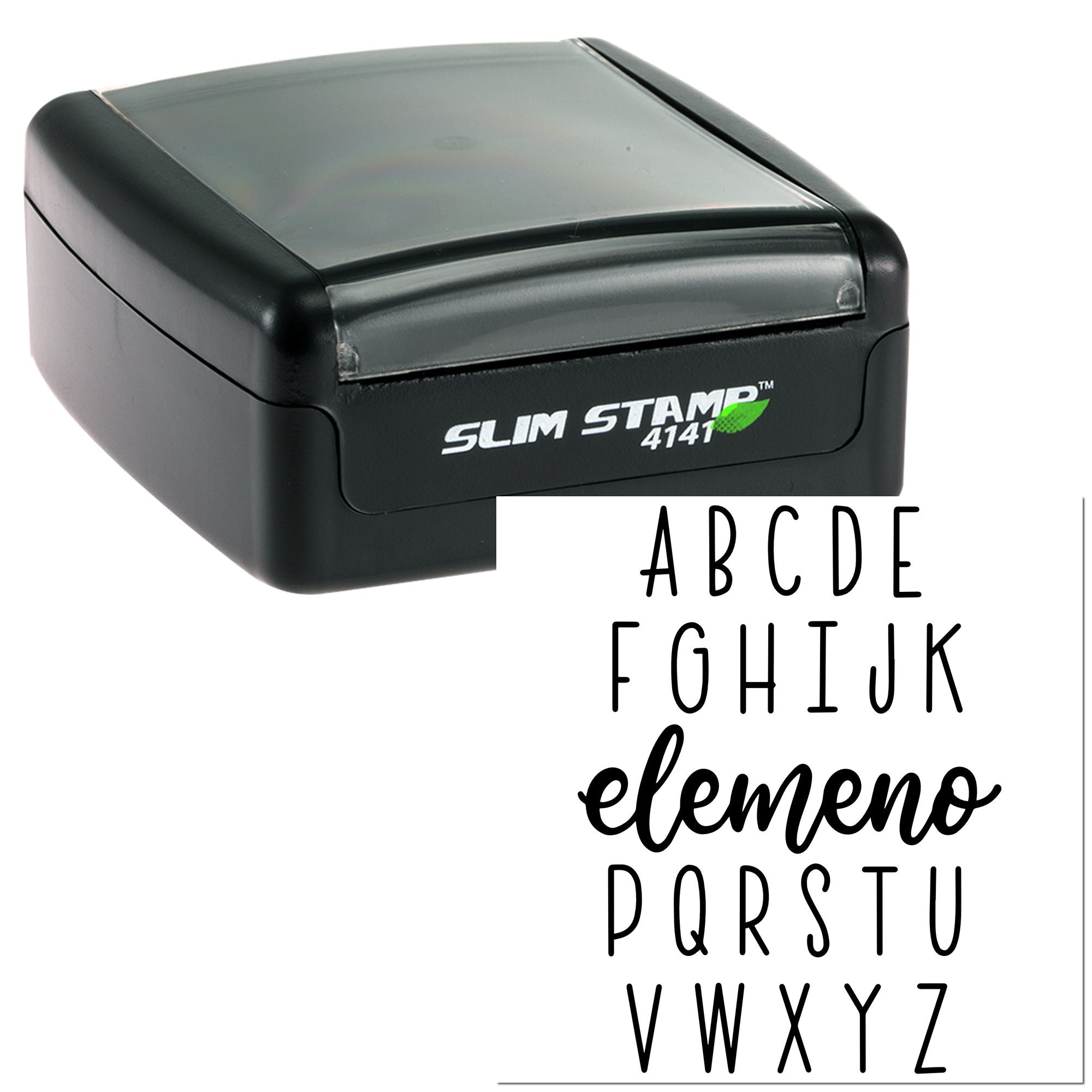 Slim Stamp 4141 self-inking rubber stamp with alphabet font sample for custom text and office stamping