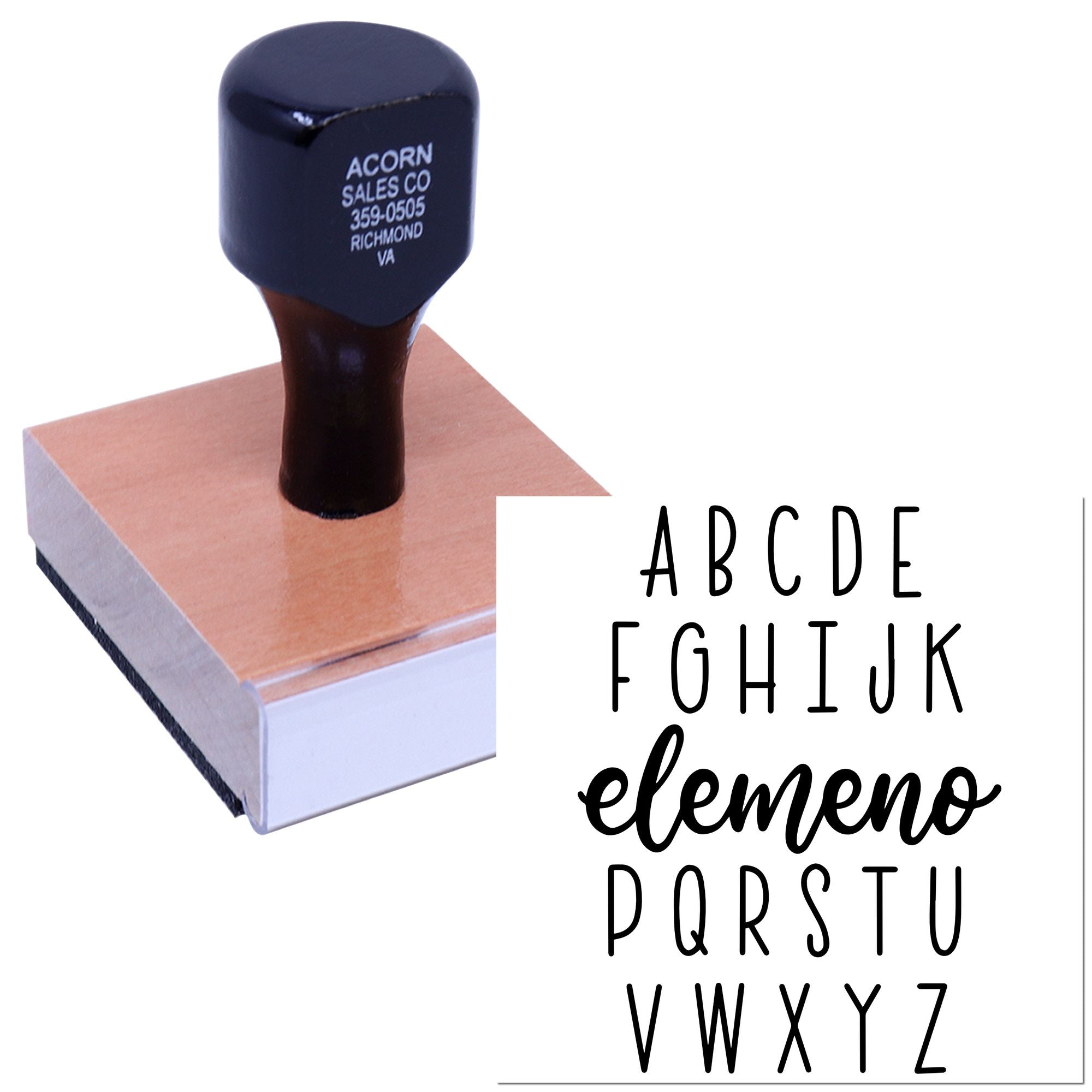 Custom rubber stamp on wood block with sample imprint and alphabet font options for personalized business or logo stamping.