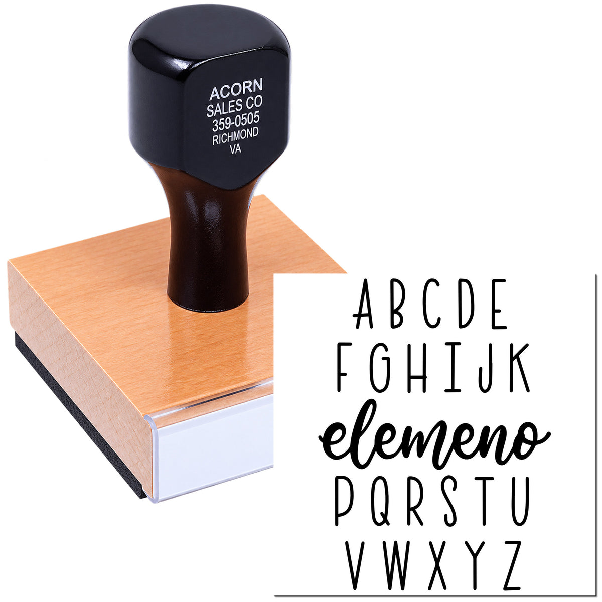 Custom rubber stamp on wood block with sample imprint and alphabet font options for personalized business or logo stamping.