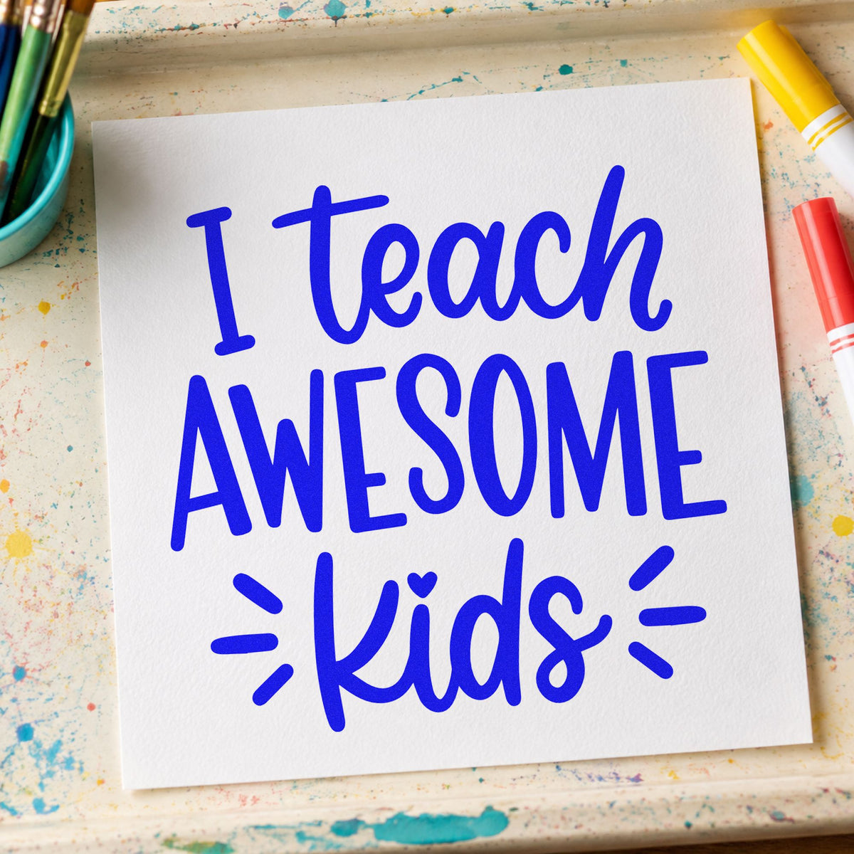 I Teach Awesome Kids craft stamp imprinted in blue ink on paper, a design suited to communication labels.