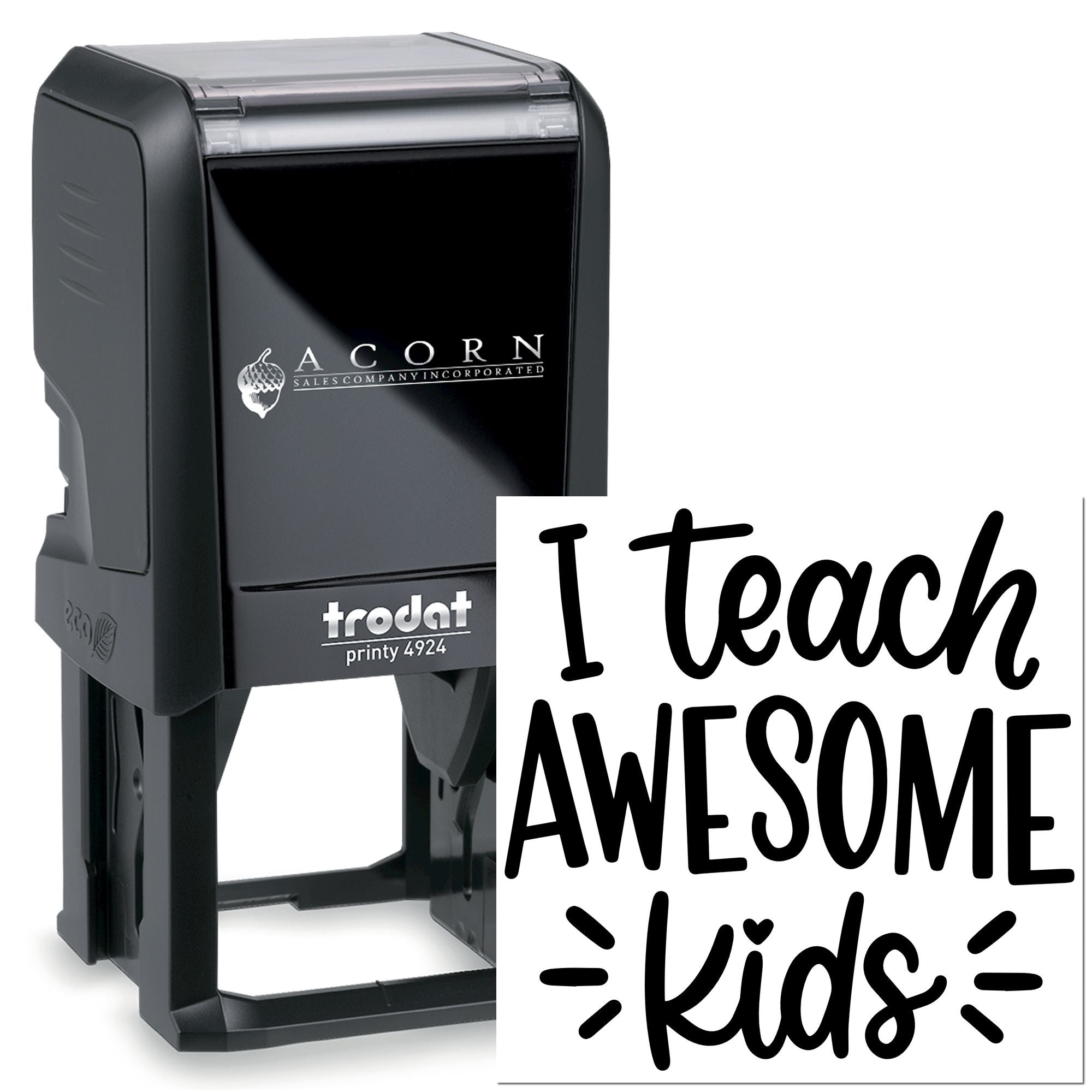 Self-inking rubber teacher stamp with I Teach Awesome Kids message for classroom grading and reward marking.