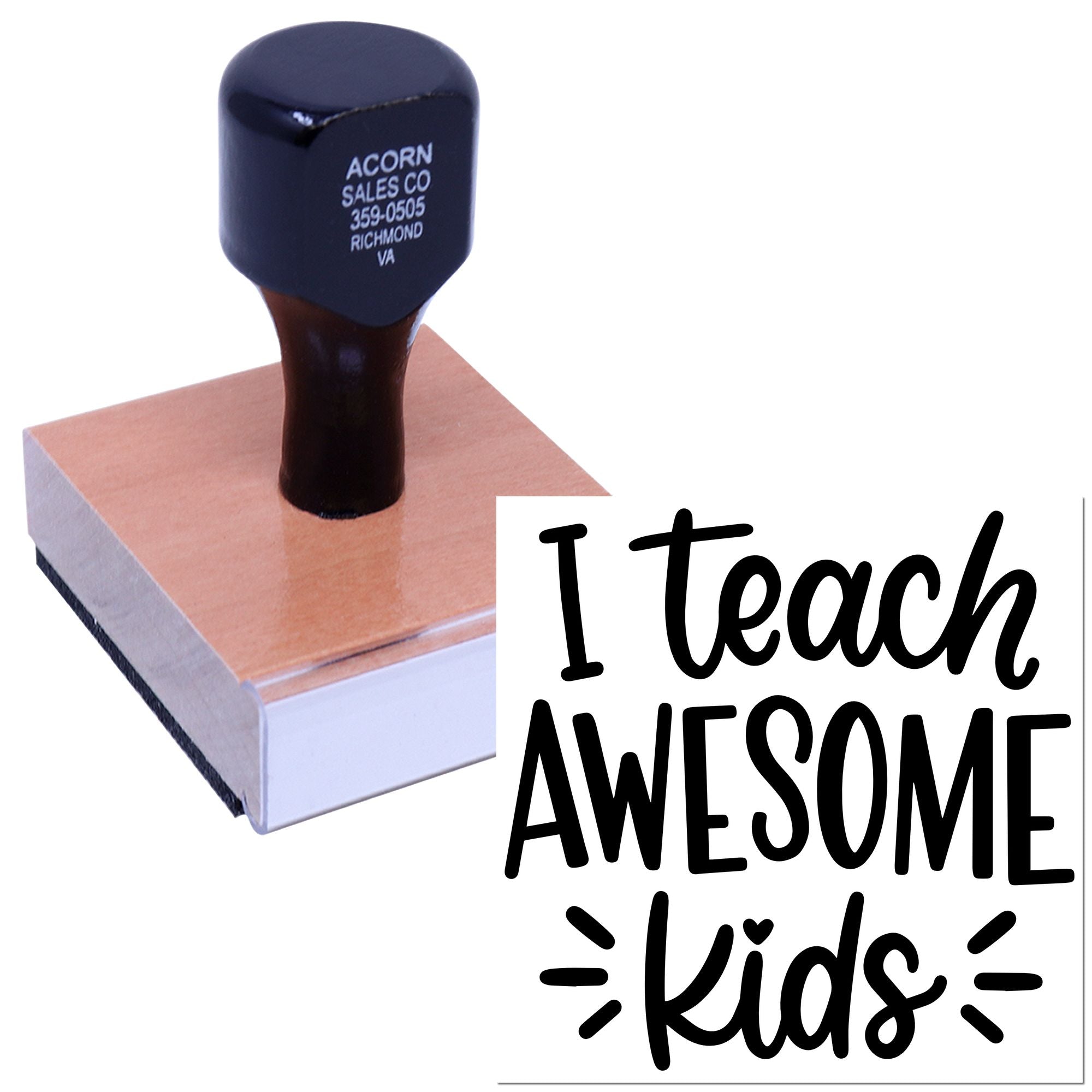 Custom teacher rubber stamp with I Teach Awesome Kids message for classroom rewards and appreciation.