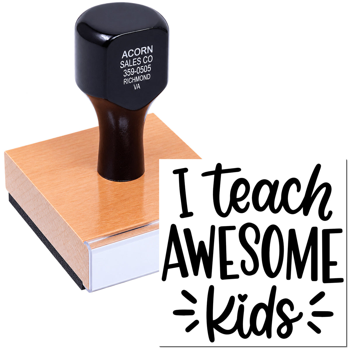 Custom teacher rubber stamp with I Teach Awesome Kids message for classroom rewards and appreciation.