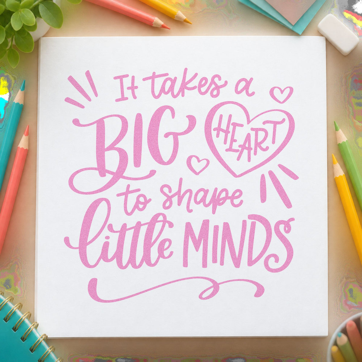 Big Heart Little Minds craft stamp in purple ink on cardstock, an easy option for enrollment gift tags.