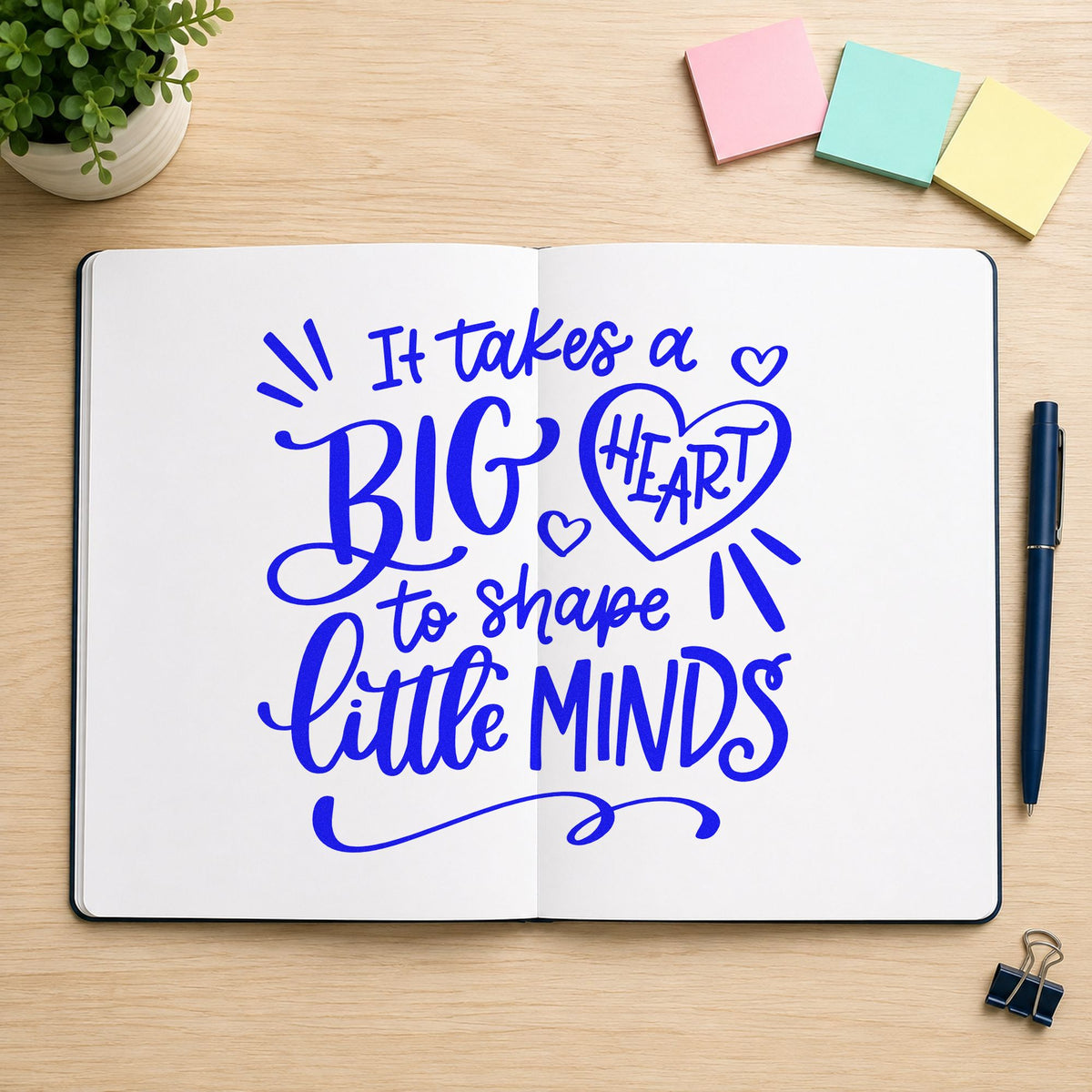 Big Heart Little Minds craft stamp imprinted in blue ink on paper, a design suited to bottle shelf labels.
