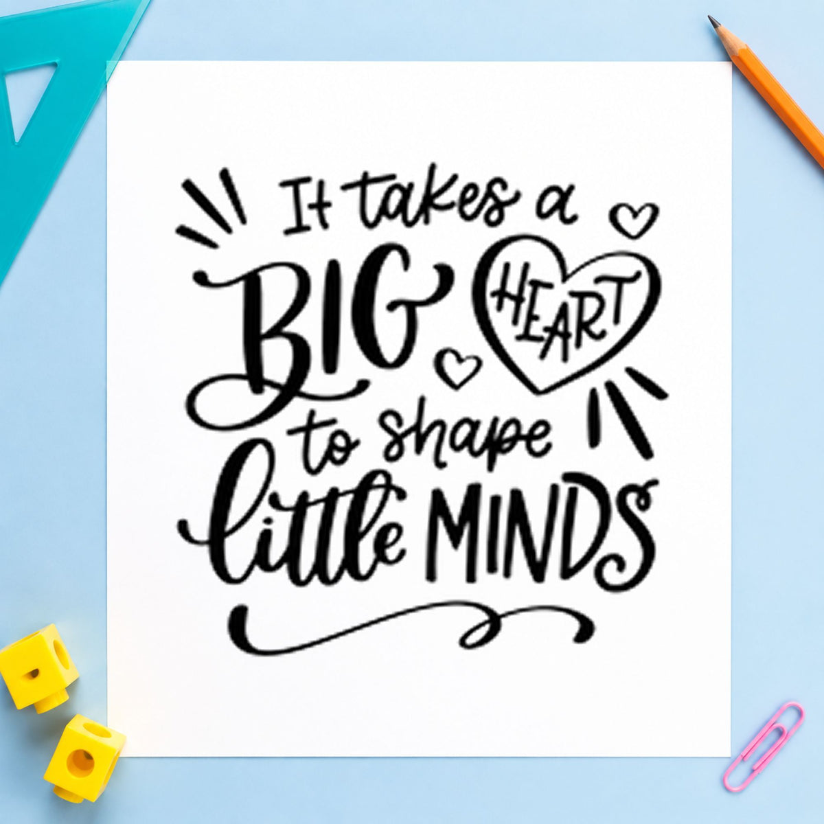 Big Heart Little Minds rubber stamp printed in black ink, ready for outlined heart cards and similar paper crafts.