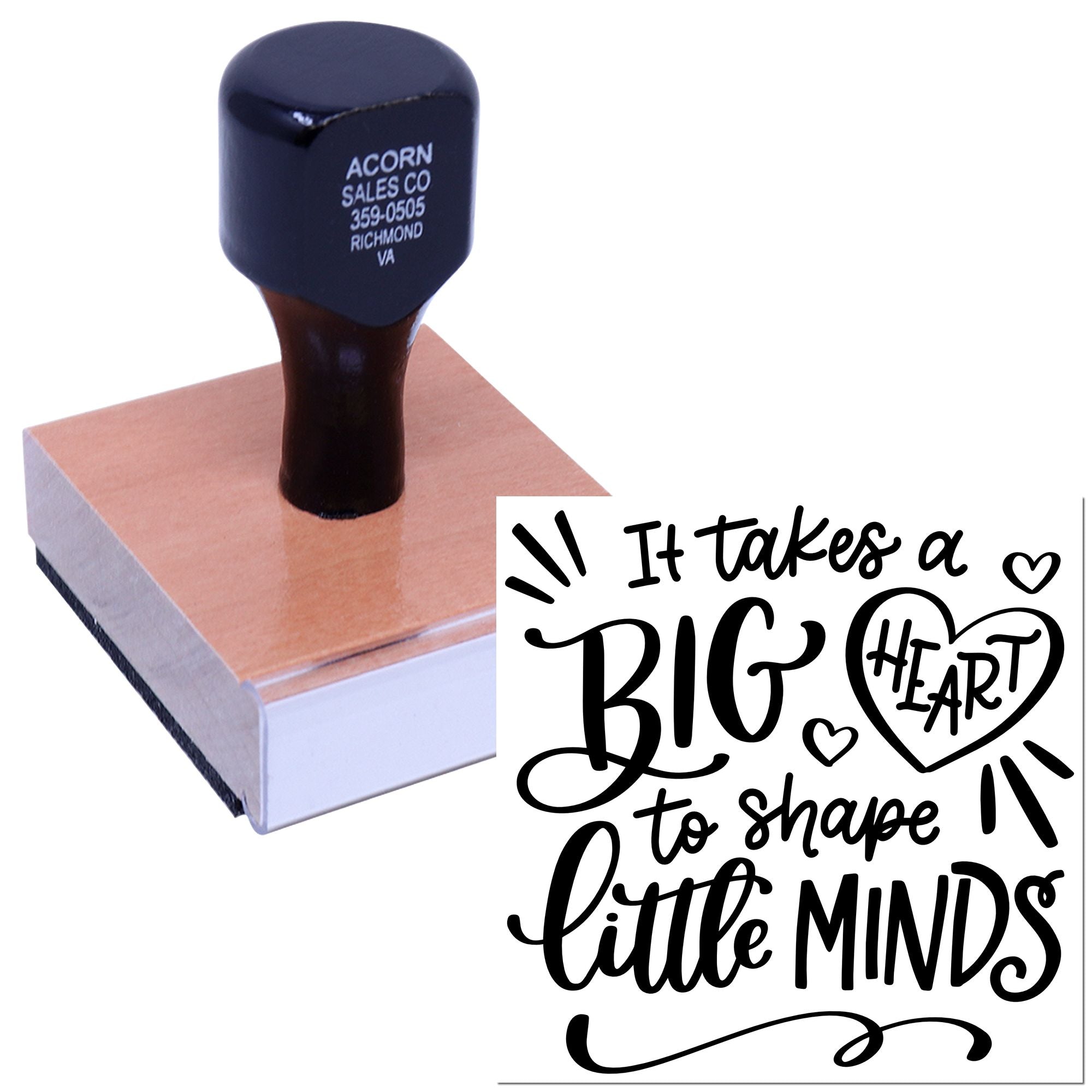 Personalized teacher rubber stamp with It takes a big heart to shape little minds design for classroom rewards and gifts.