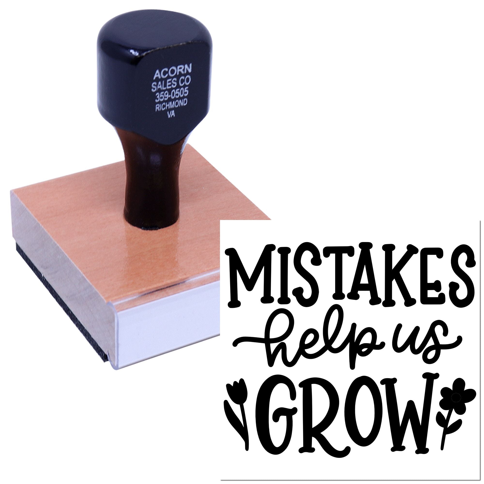 Motivational rubber stamp reading Mistakes help us grow for classroom, office, or learning encouragement.