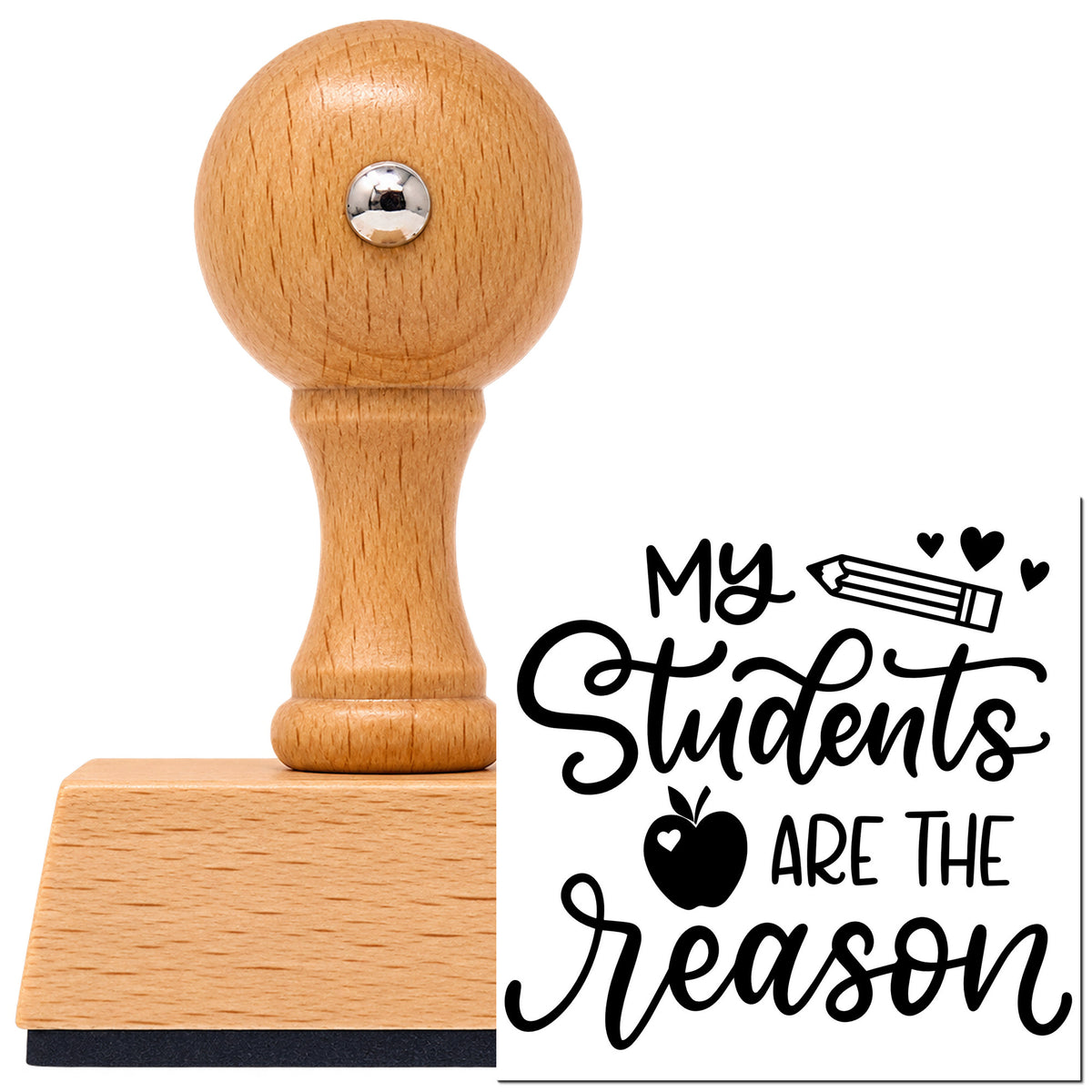 My Students Are The Reason Apple Vintage Pro rubber stamp in European beech wood with a round knob handle, shown beside its black imprint.