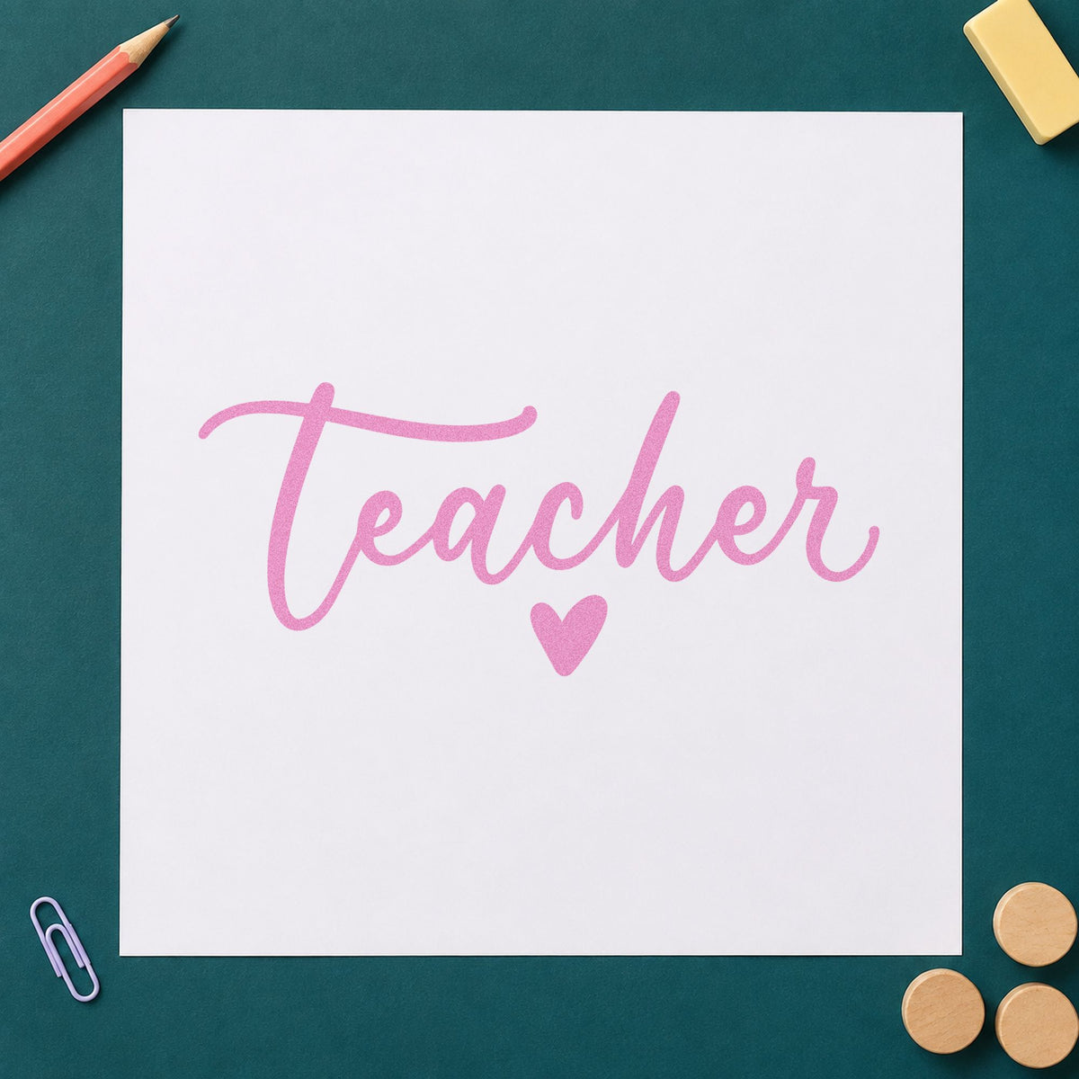 Teacher Script Heart craft stamp in purple ink on cardstock, an easy option for bulk class tags.