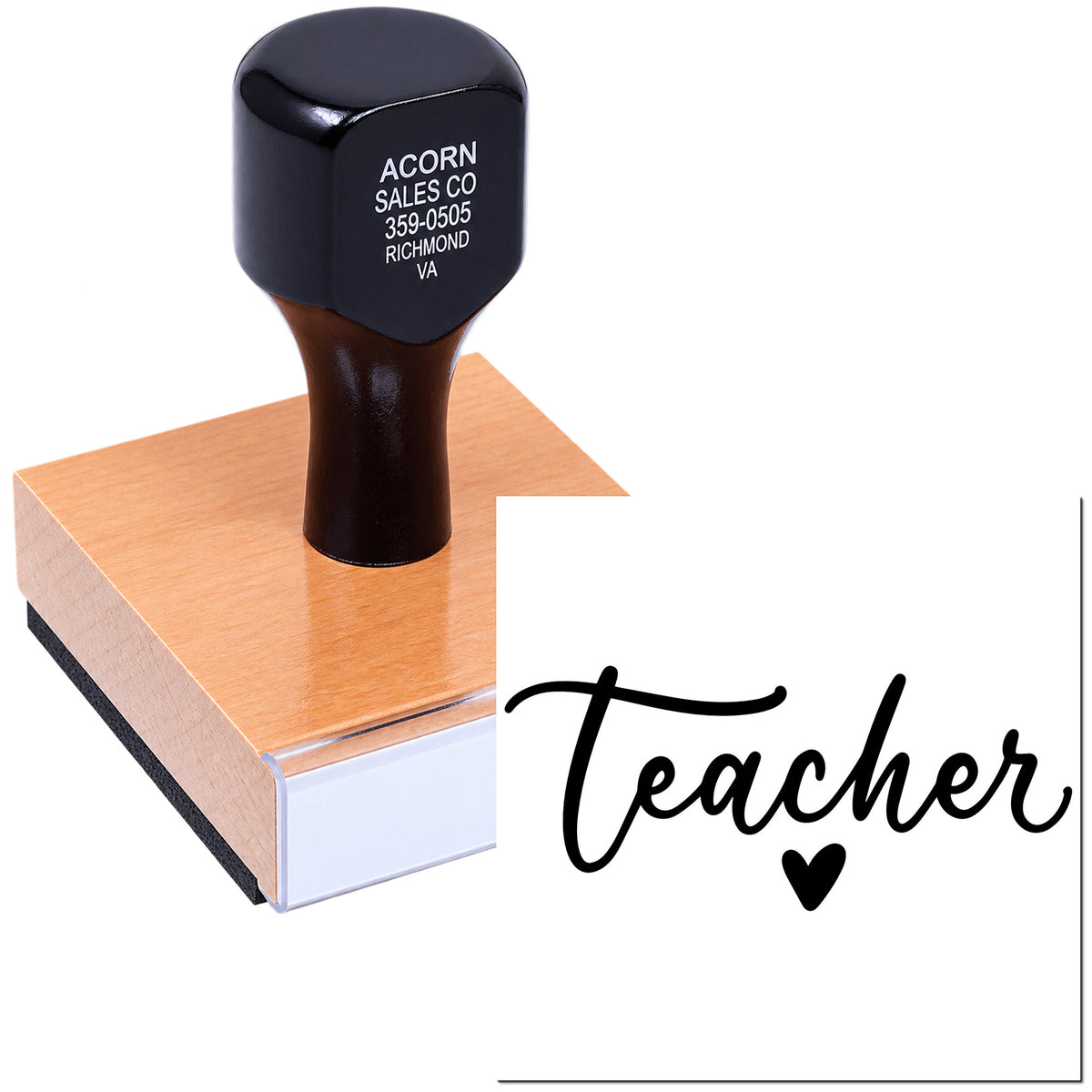 Teacher rubber stamp on wood block for custom classroom marking, grading, and personalized teacher stationery.