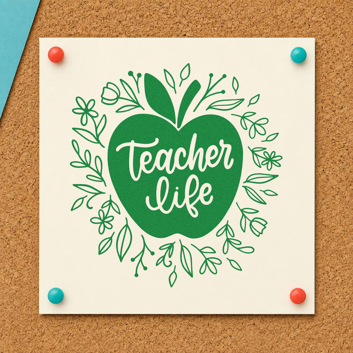 Teacher Life Floral Apple craft stamp imprint in green ink on a handmade project, one idea being seasonal swap pages.