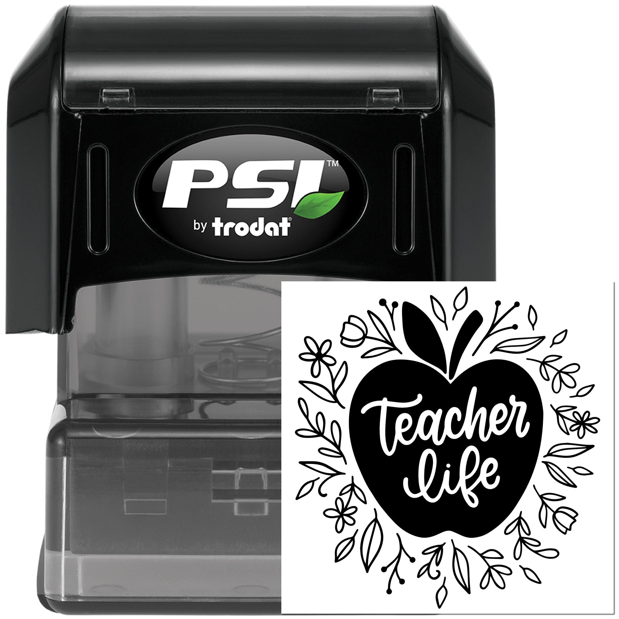 PSI by Trodat self-inking rubber stamp with Teacher Life apple floral design for classroom use and teacher gifts