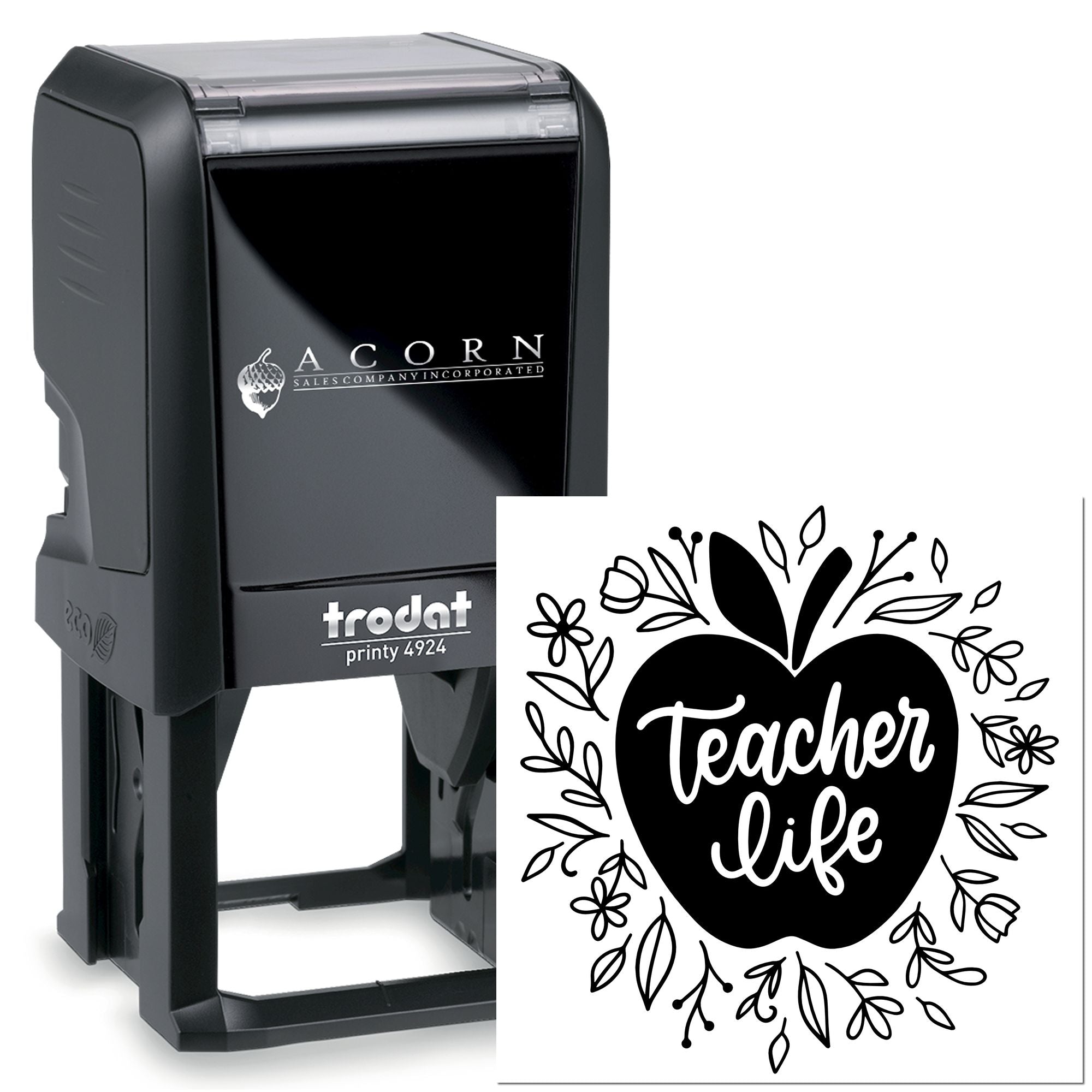 Custom self-inking Trodat Printy 4924 rubber stamp with Teacher Life apple design for classroom and teacher gifts.