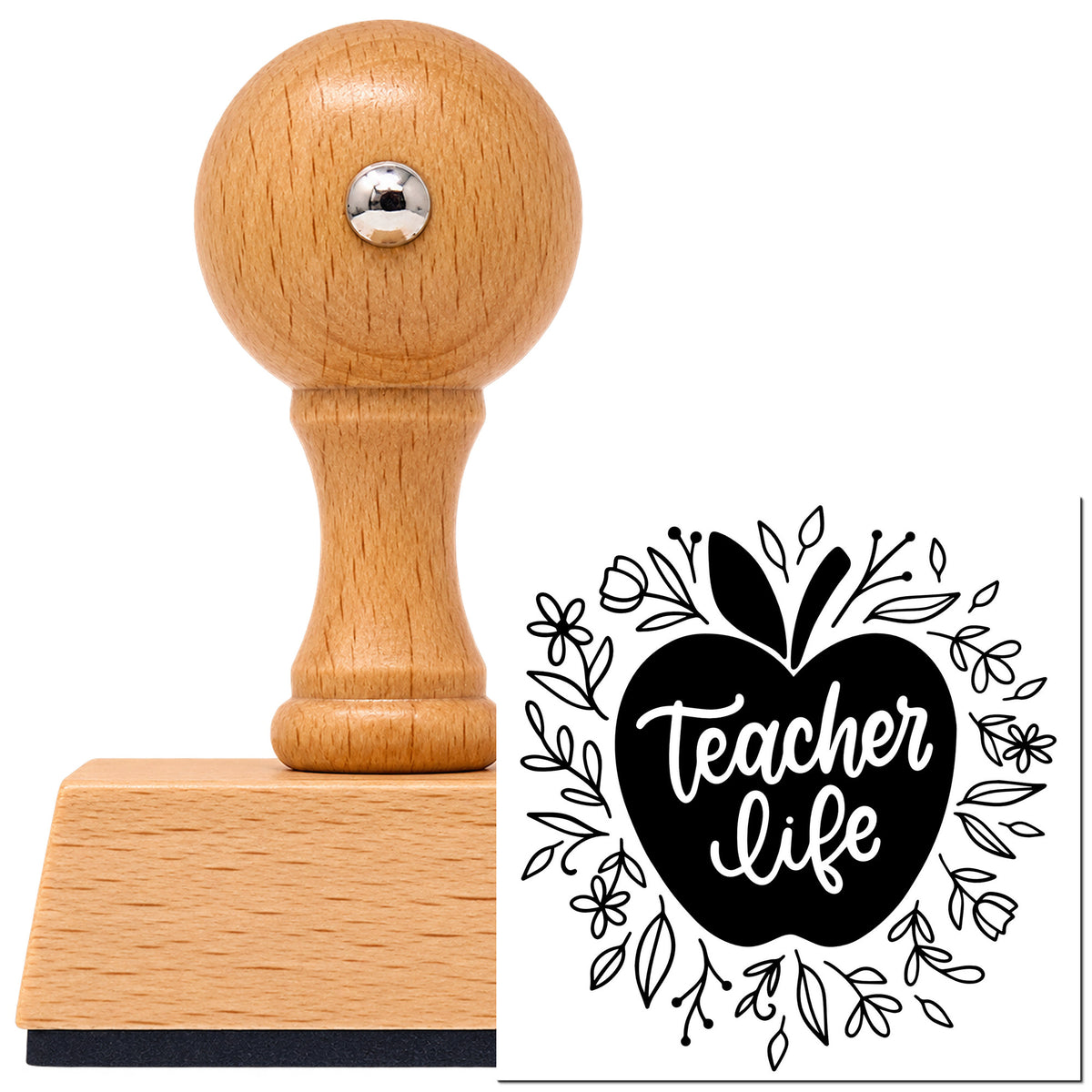 Teacher Life Floral Apple Leaf Accents Vintage Pro rubber stamp in European beech wood with a round knob handle, shown beside its black imprint.
